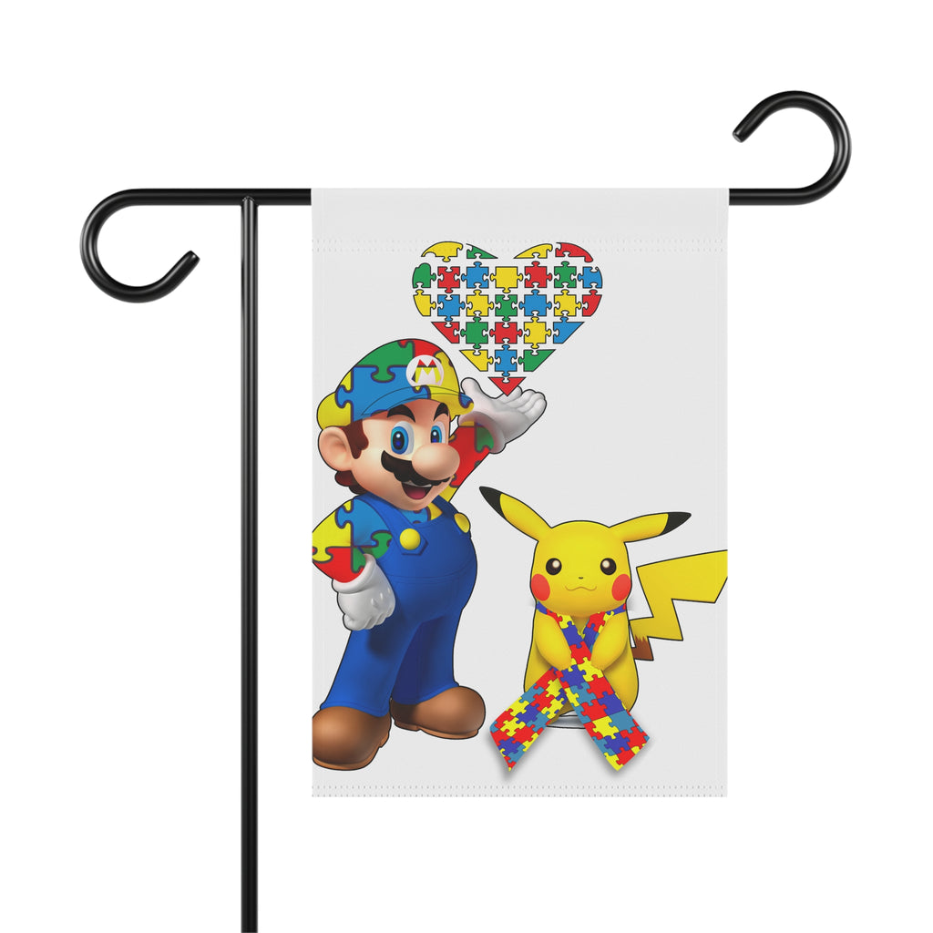 Autism Awareness Garden Flag - Puzzle Heart with Mario-Style Character & Pokeman Ribbon