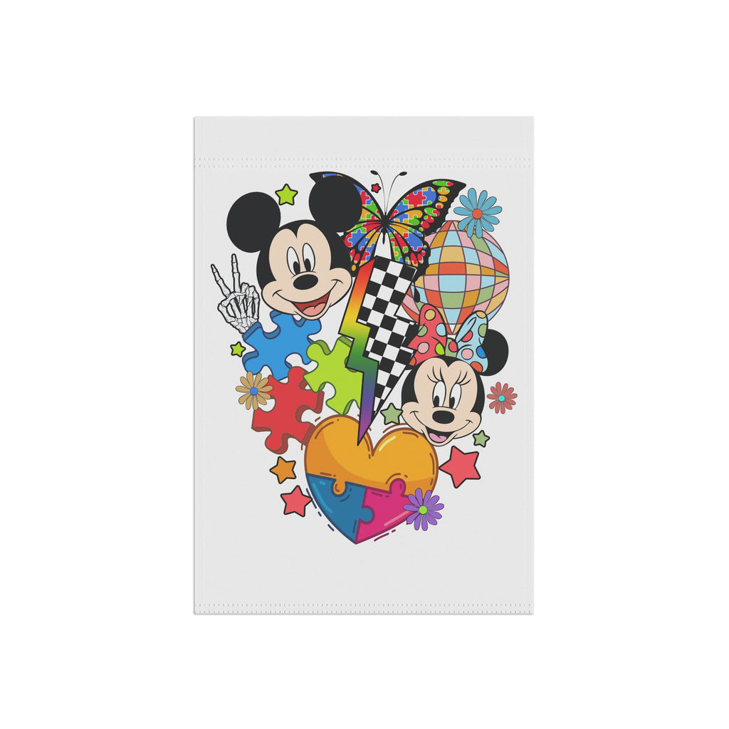 Colorful Puzzle Heart Garden Flag — Whimsical Cartoon Mouse Couple Design