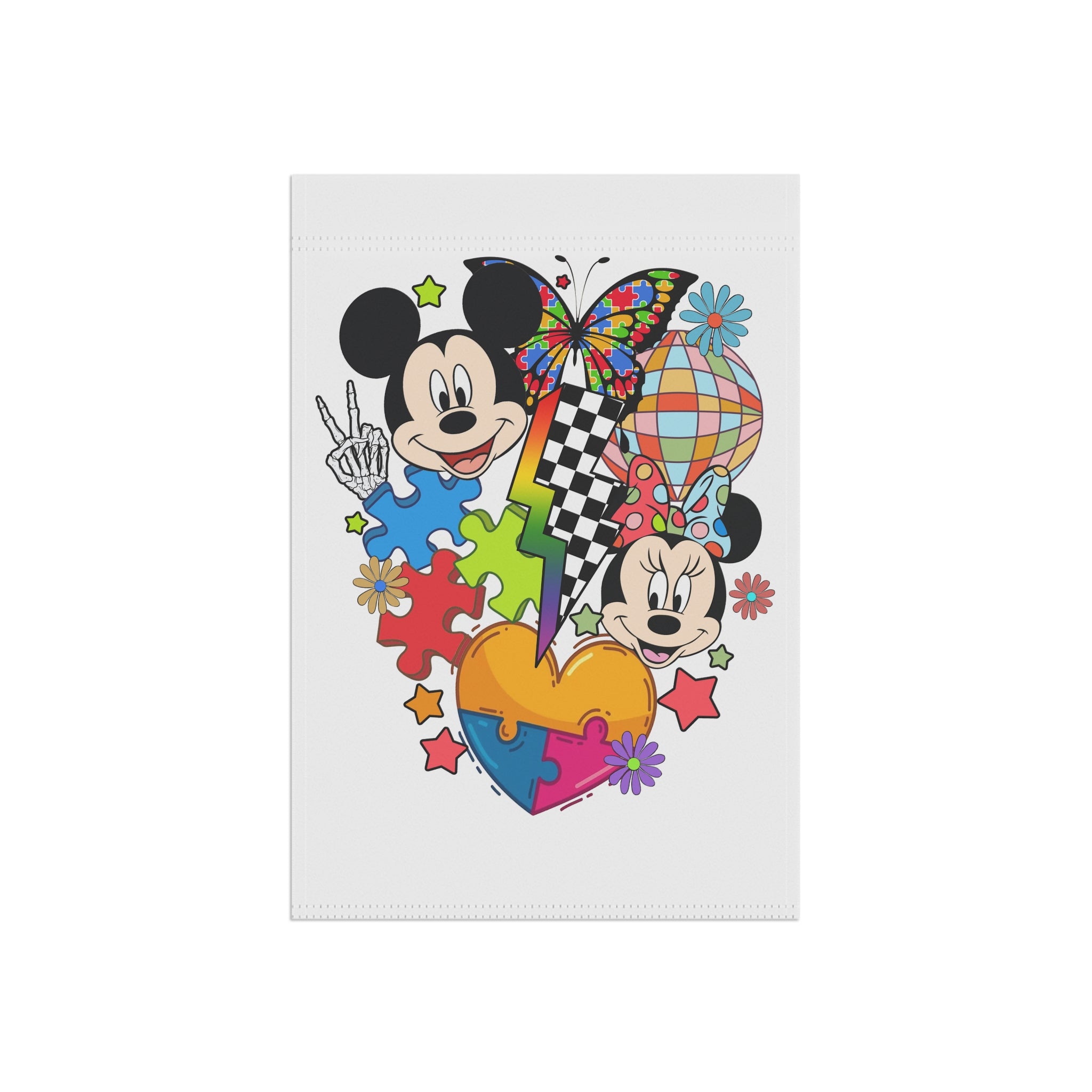 Colorful Puzzle Heart Garden Flag — Whimsical Cartoon Mouse Couple Design