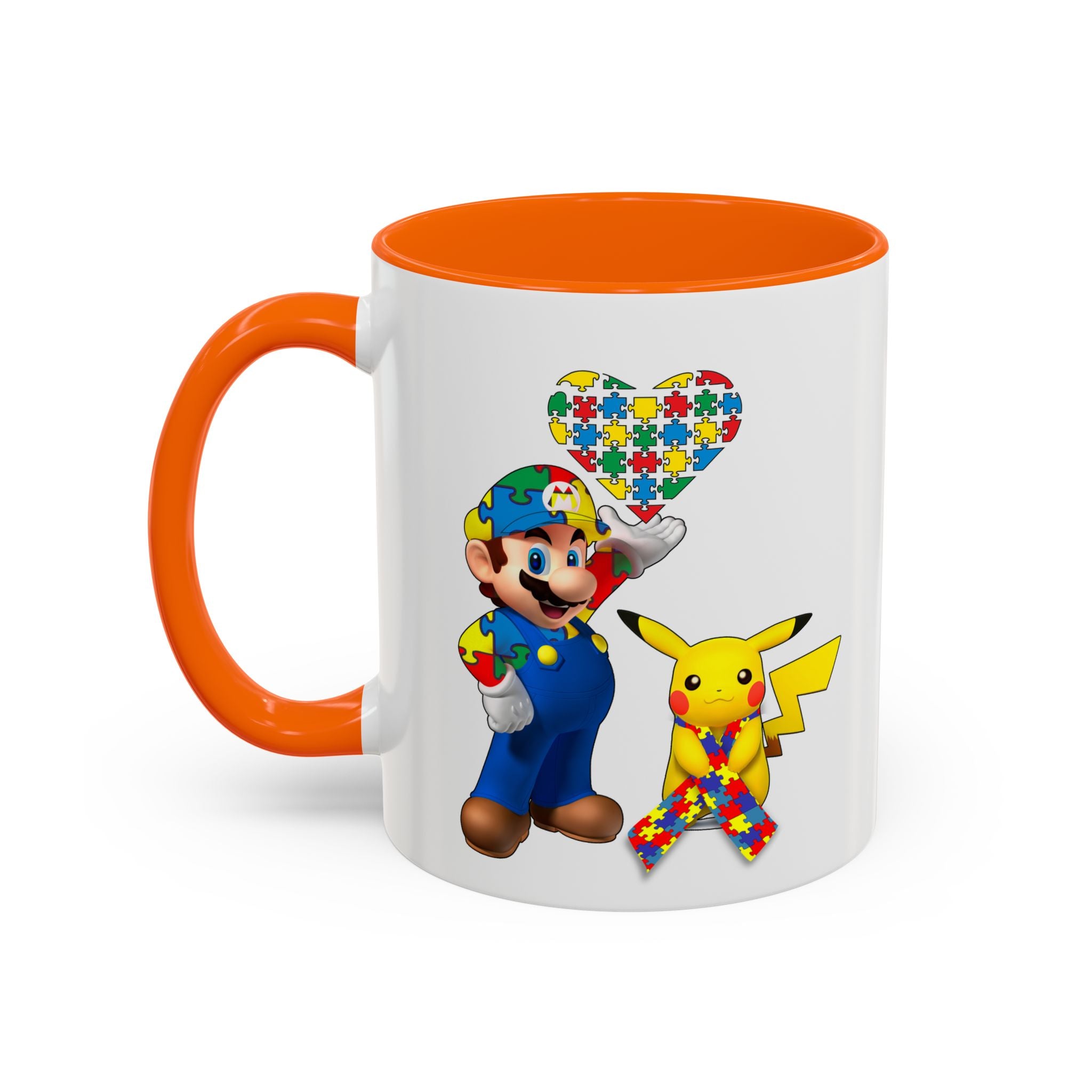 Autism Awareness Coffee Mug — Puzzle Heart Mario & Pokeman Accent Mug (11/15oz)