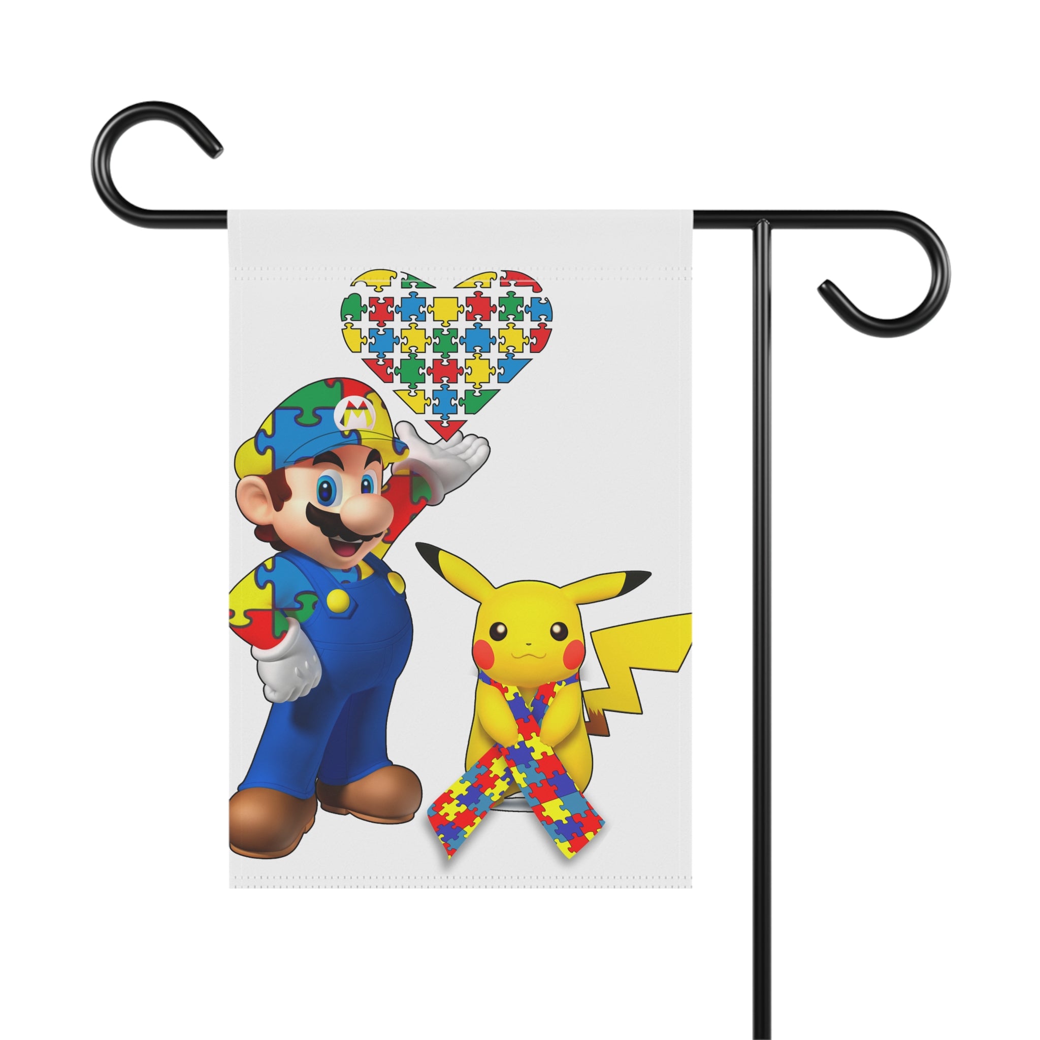 Autism Awareness Garden Flag - Puzzle Heart with Mario-Style Character & Pokeman Ribbon