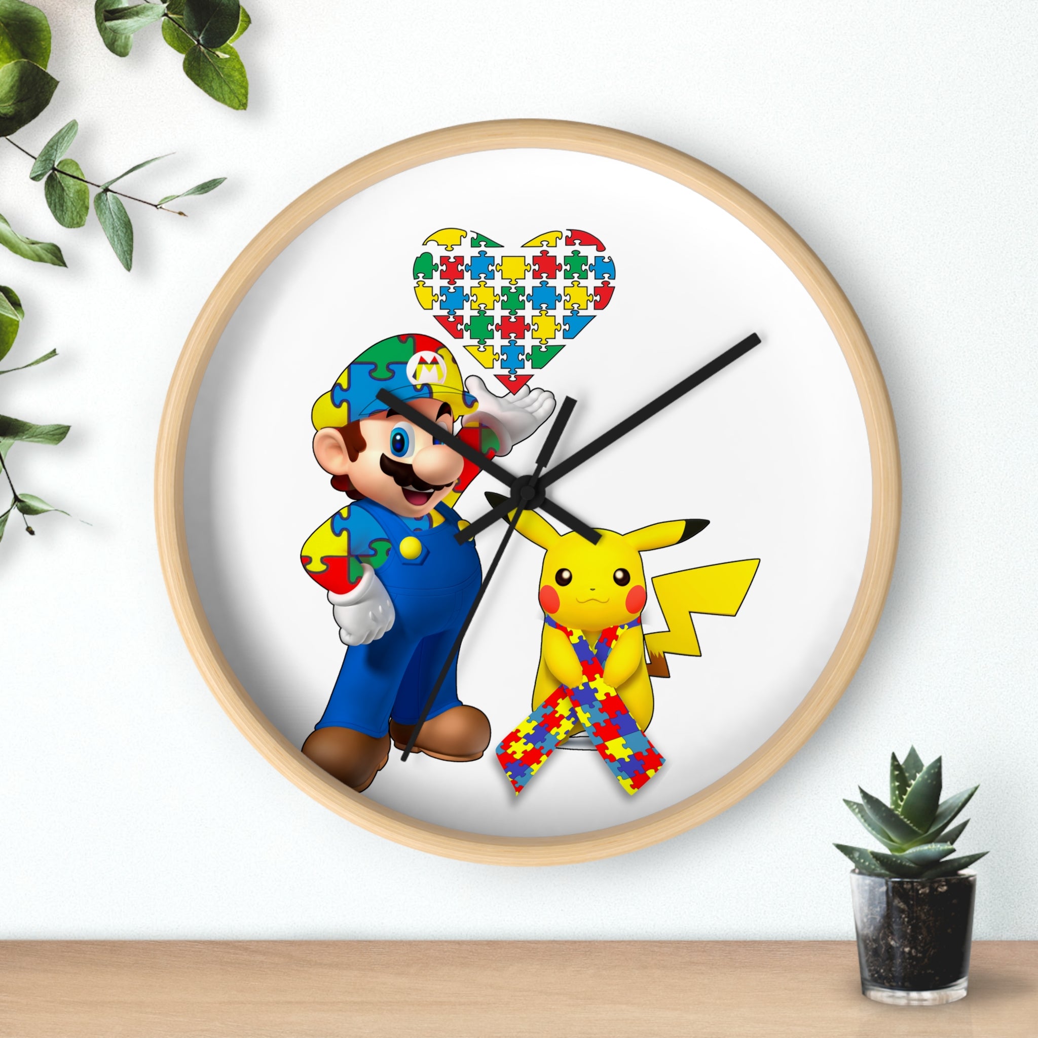 Autism Awareness Puzzle Ribbon Wall Clock — Colorful Character Design