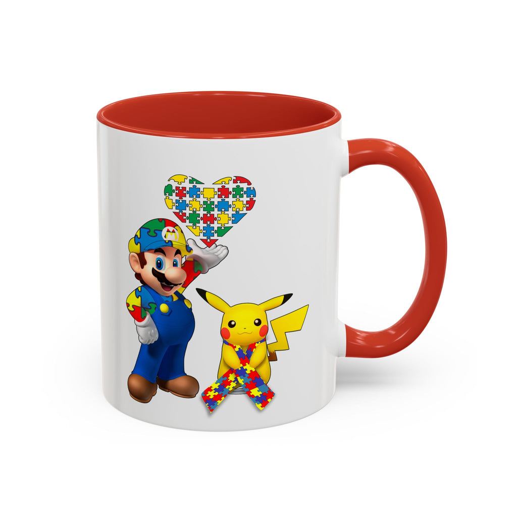 Autism Awareness Coffee Mug — Puzzle Heart Mario & Pokeman Accent Mug (11/15oz)
