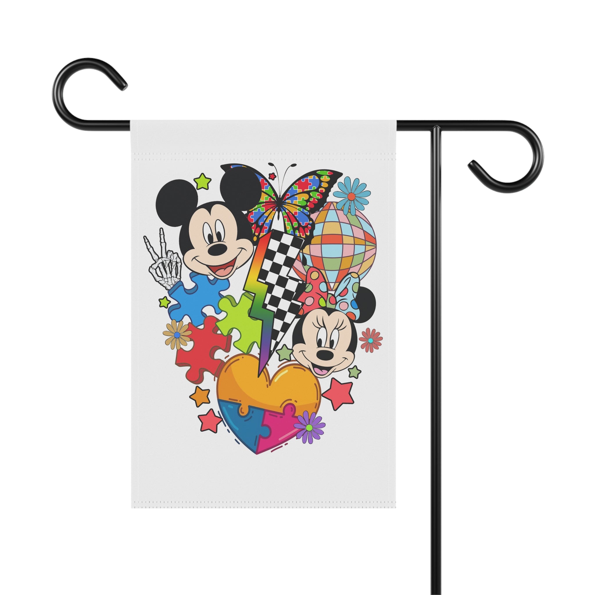 Colorful Puzzle Heart Garden Flag — Whimsical Cartoon Mouse Couple Design