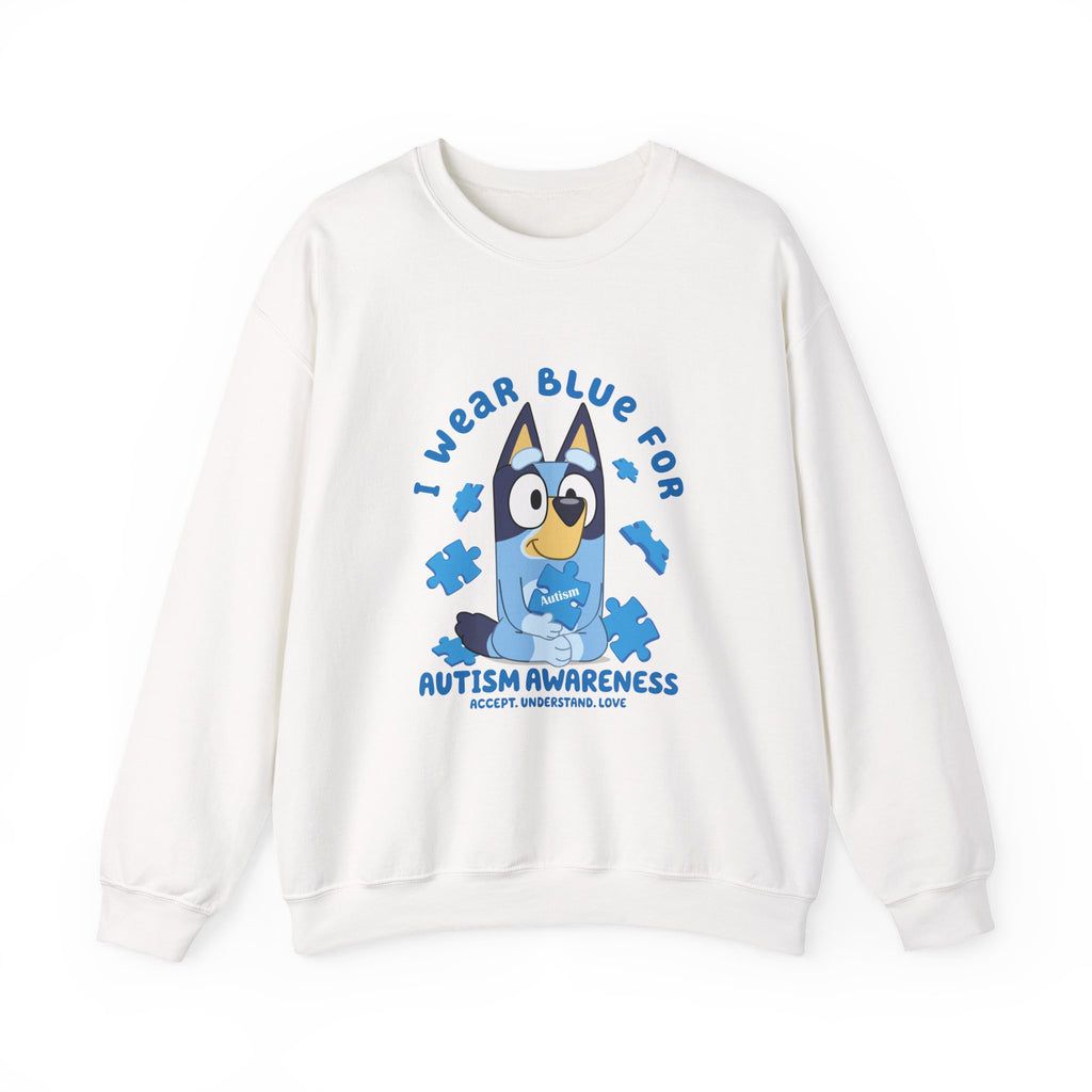 Autism Awareness Crewneck Sweatshirt — "I Wear Blue For" Bluey Design