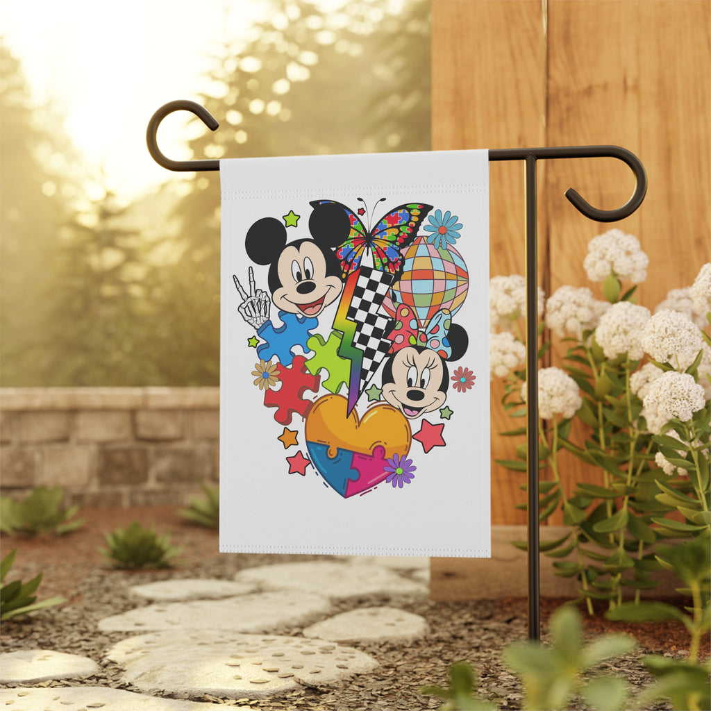 Colorful Puzzle Heart Garden Flag — Whimsical Cartoon Mouse Couple Design