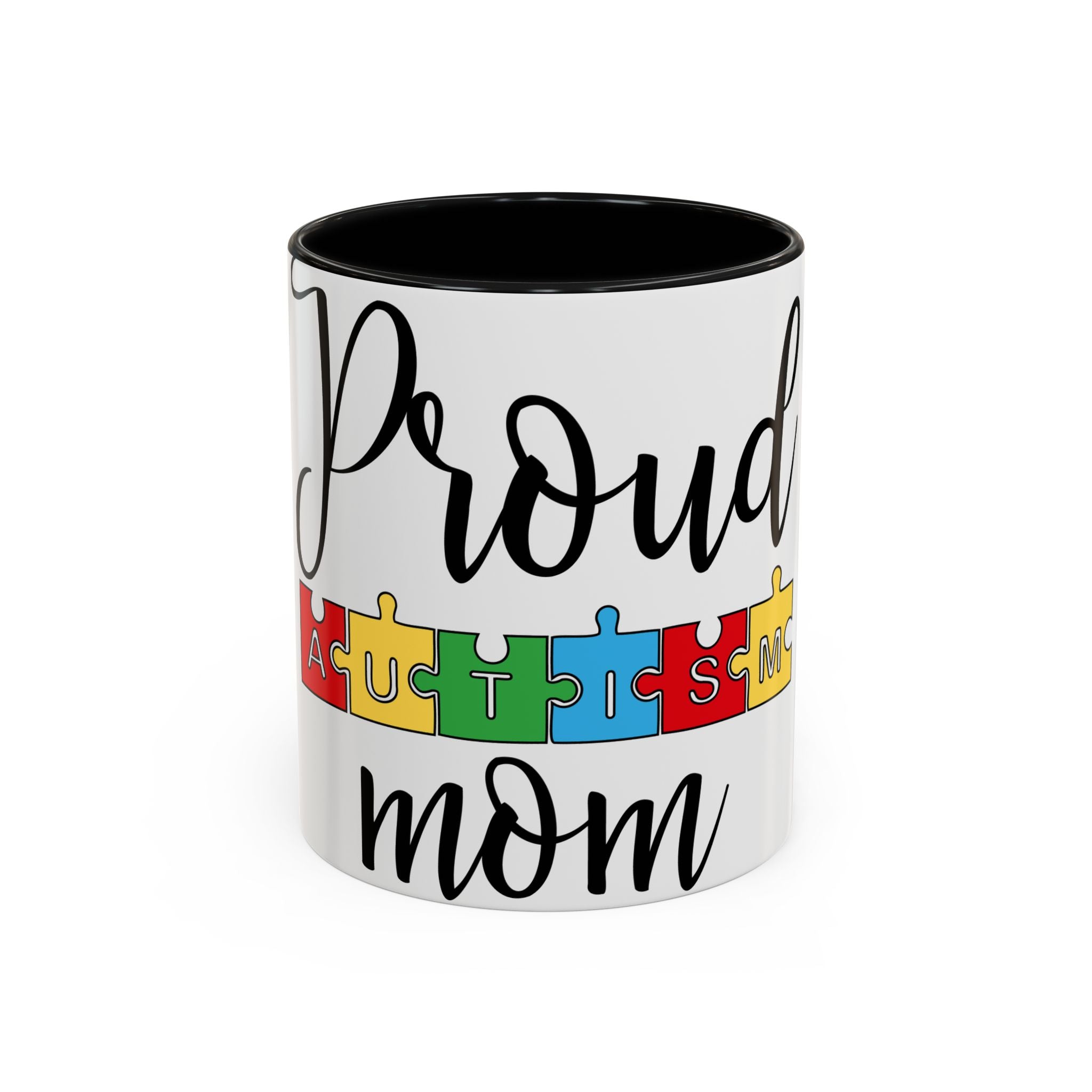 Proud Autism Mom Accent Coffee Mug – 11/15oz Puzzle Ribbon Design