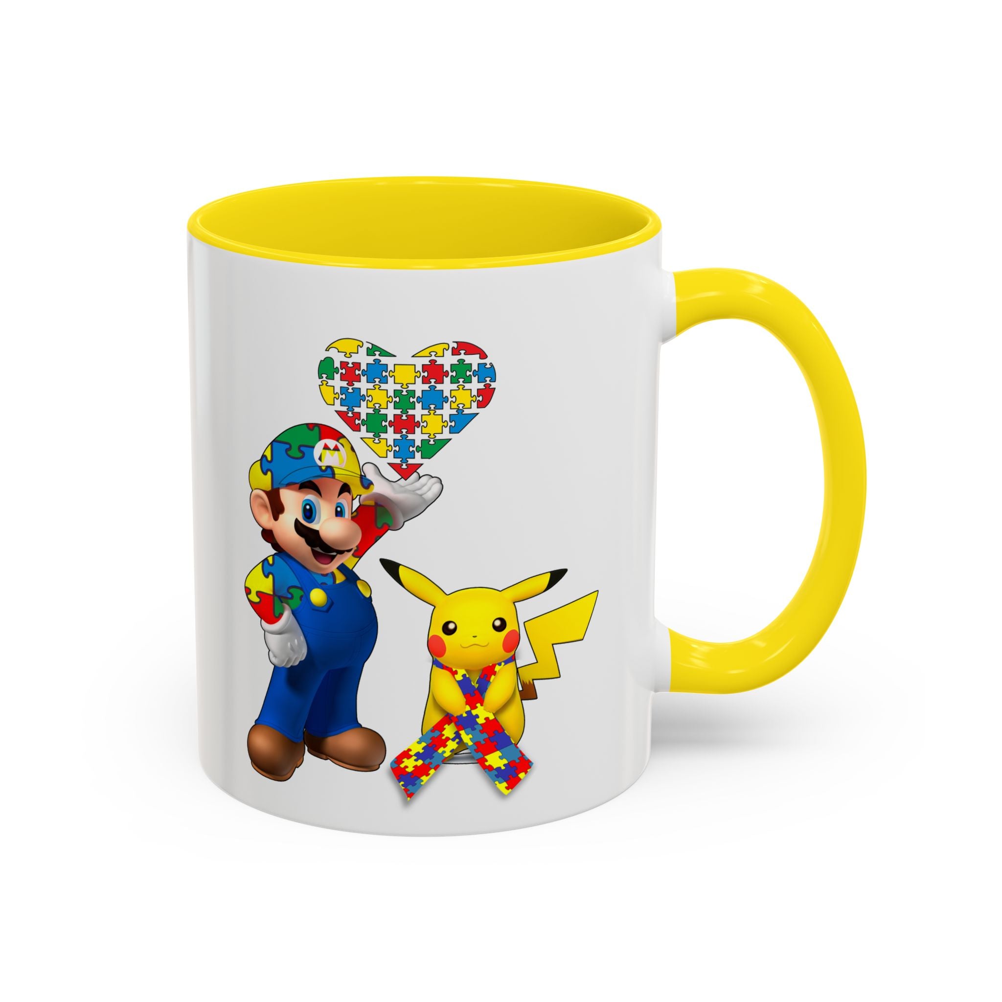 Autism Awareness Coffee Mug — Puzzle Heart Mario & Pokeman Accent Mug (11/15oz)