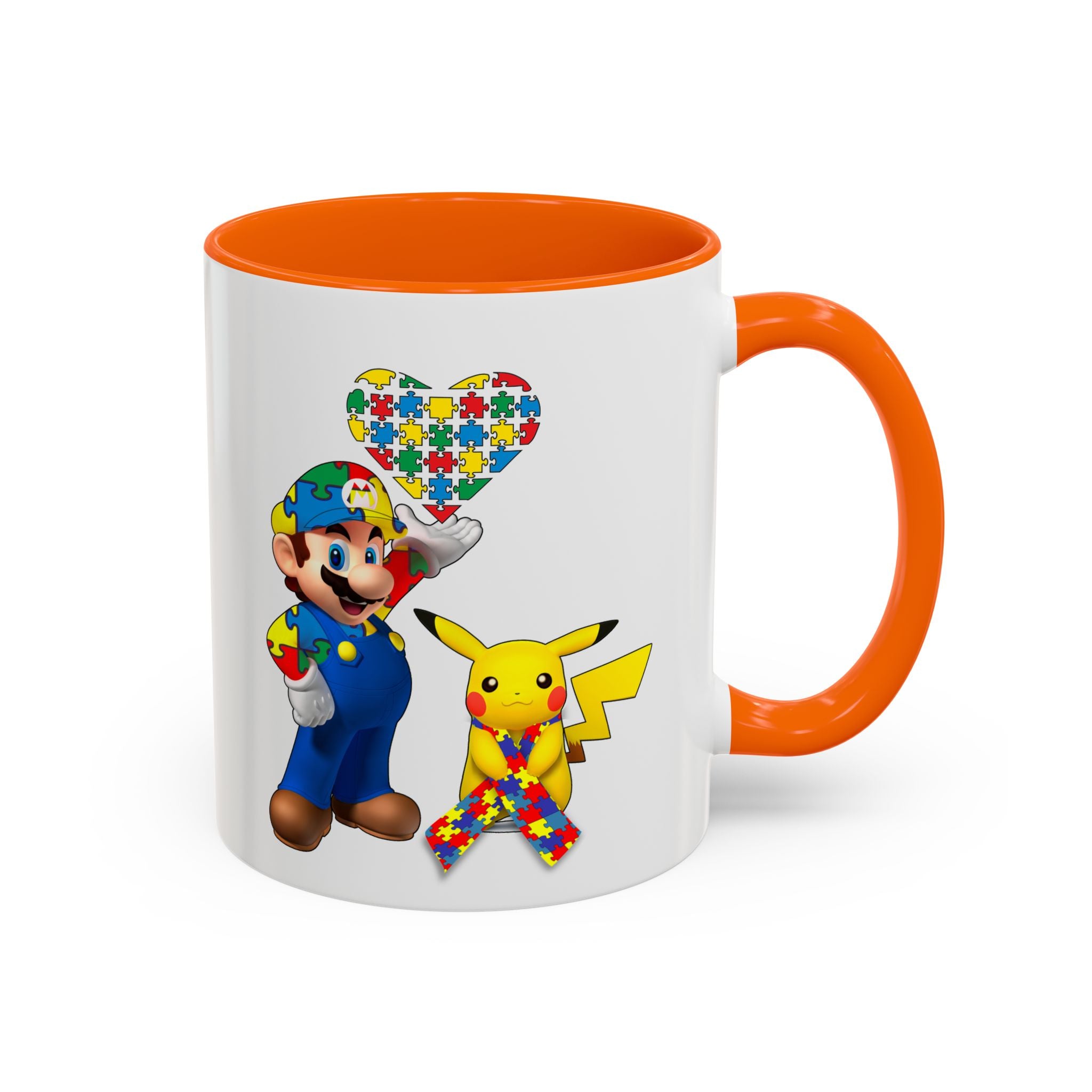 Autism Awareness Coffee Mug — Puzzle Heart Mario & Pokeman Accent Mug (11/15oz)