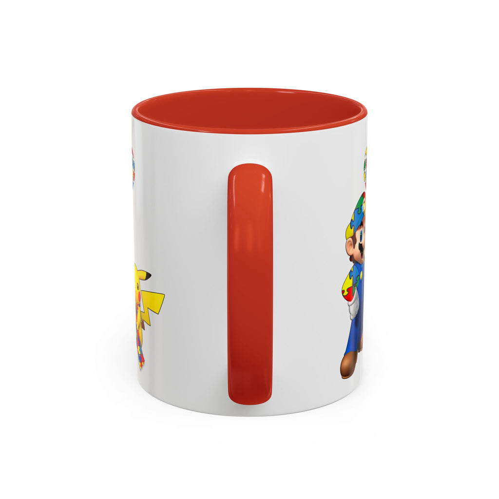 Autism Awareness Coffee Mug — Puzzle Heart Mario & Pokeman Accent Mug (11/15oz)