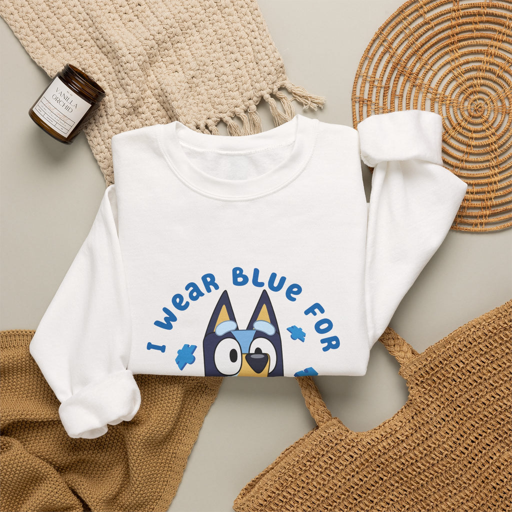 Autism Awareness Crewneck Sweatshirt — "I Wear Blue For" Bluey Design