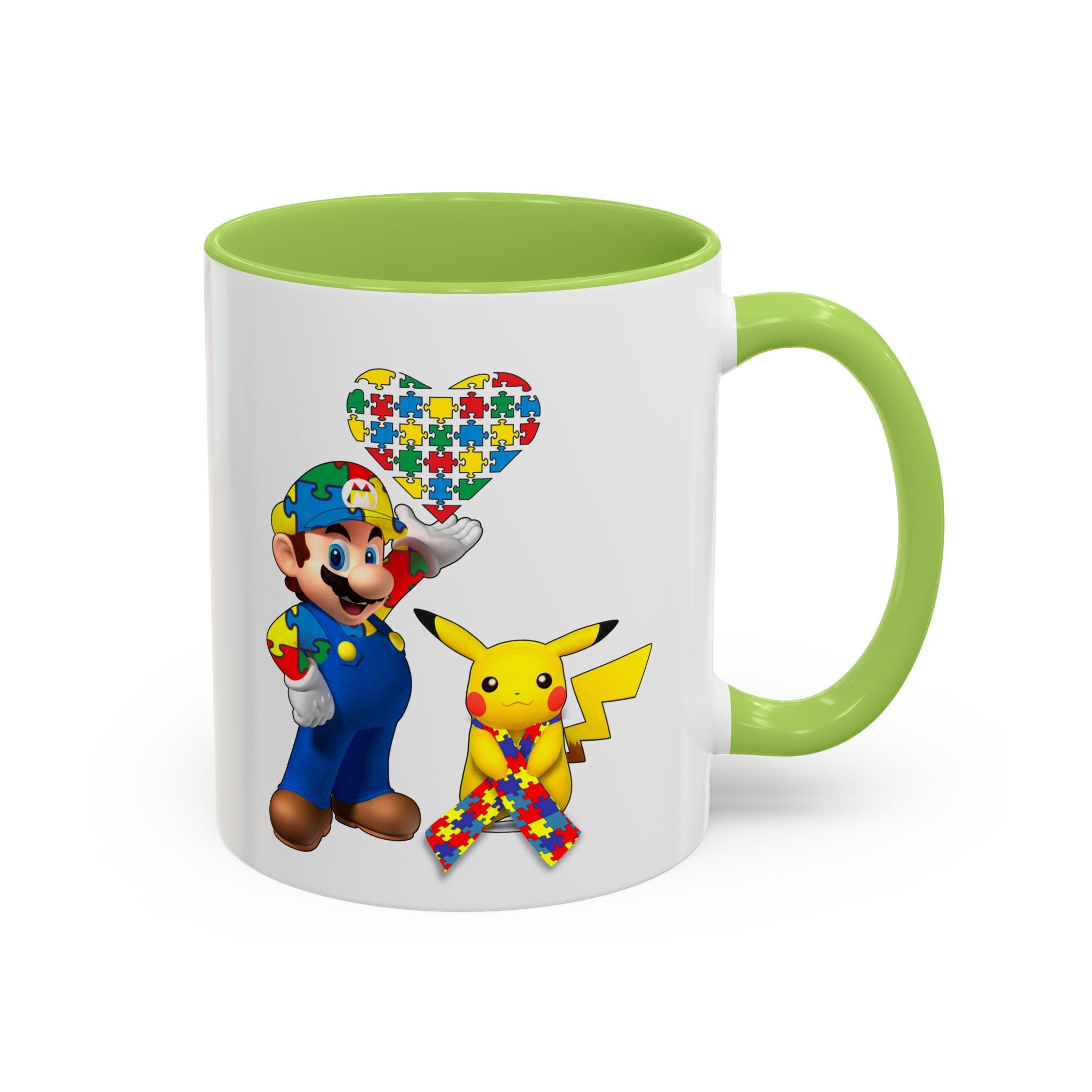 Autism Awareness Coffee Mug — Puzzle Heart Mario & Pokeman Accent Mug (11/15oz)