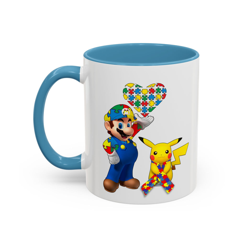 Autism Awareness Coffee Mug — Puzzle Heart Mario & Pokeman Accent Mug (11/15oz)