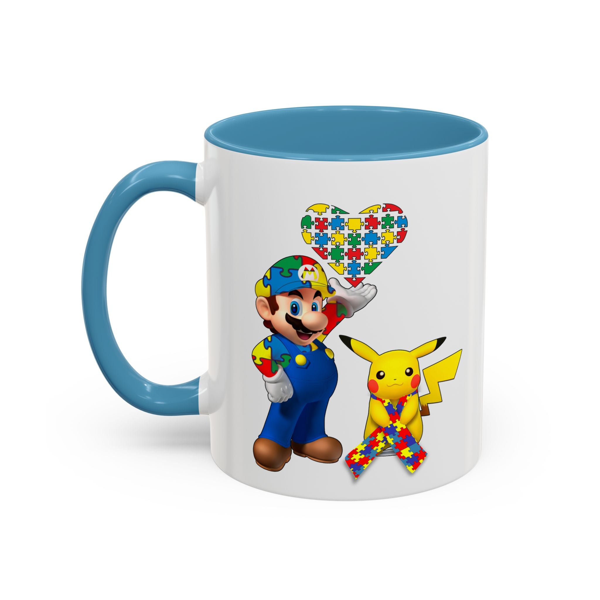 Autism Awareness Coffee Mug — Puzzle Heart Mario & Pokeman Accent Mug (11/15oz)