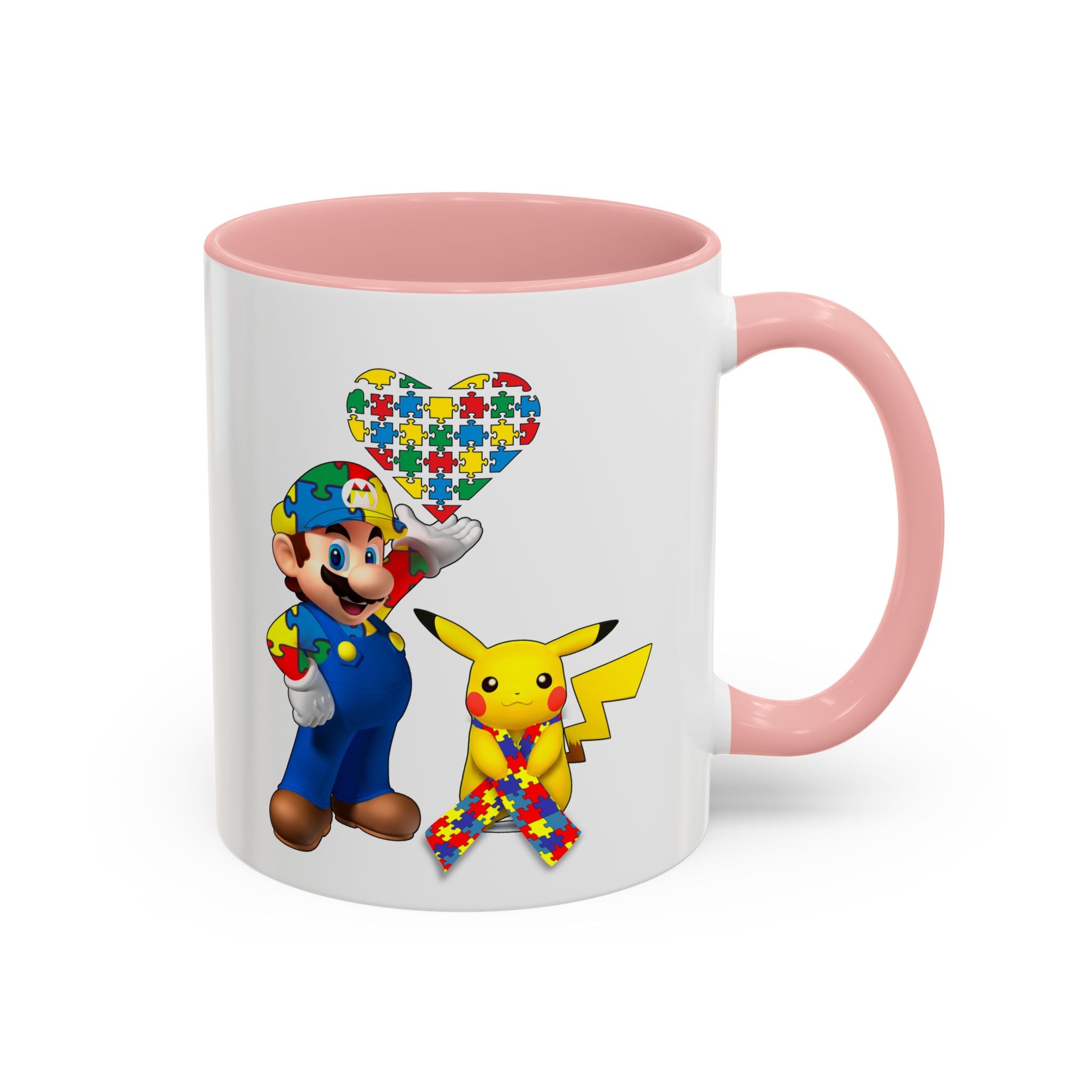 Autism Awareness Coffee Mug — Puzzle Heart Mario & Pokeman Accent Mug (11/15oz)