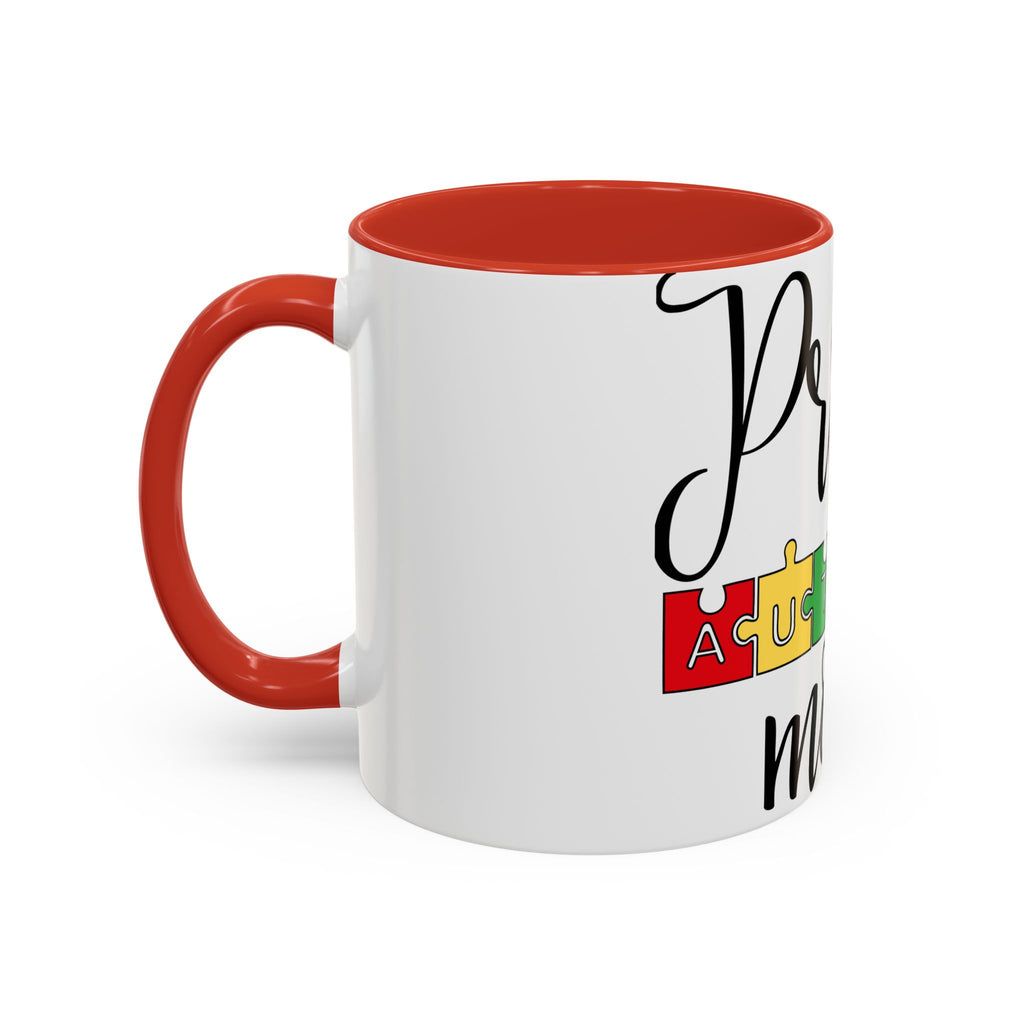 Proud Autism Mom Accent Coffee Mug – 11/15oz Puzzle Ribbon Design