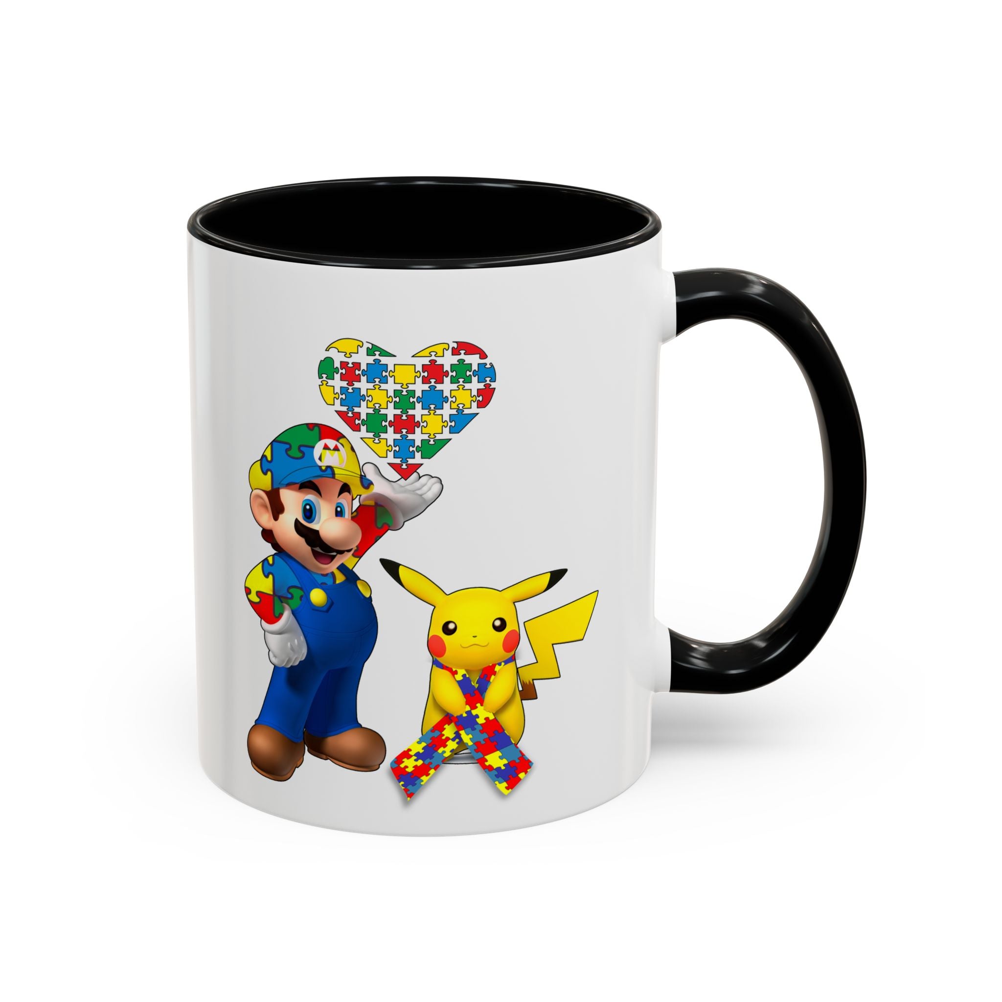 Autism Awareness Coffee Mug — Puzzle Heart Mario & Pokeman Accent Mug (11/15oz)