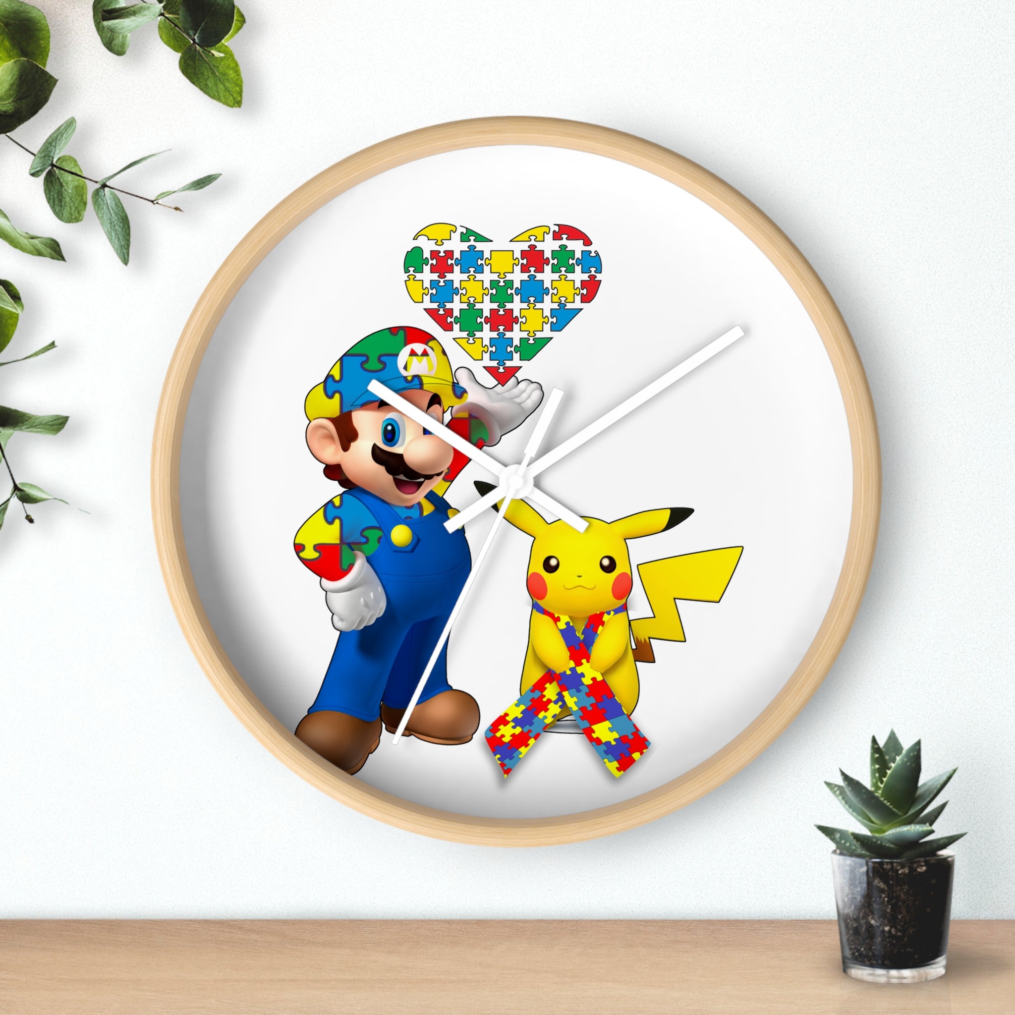 Autism Awareness Puzzle Ribbon Wall Clock — Colorful Character Design