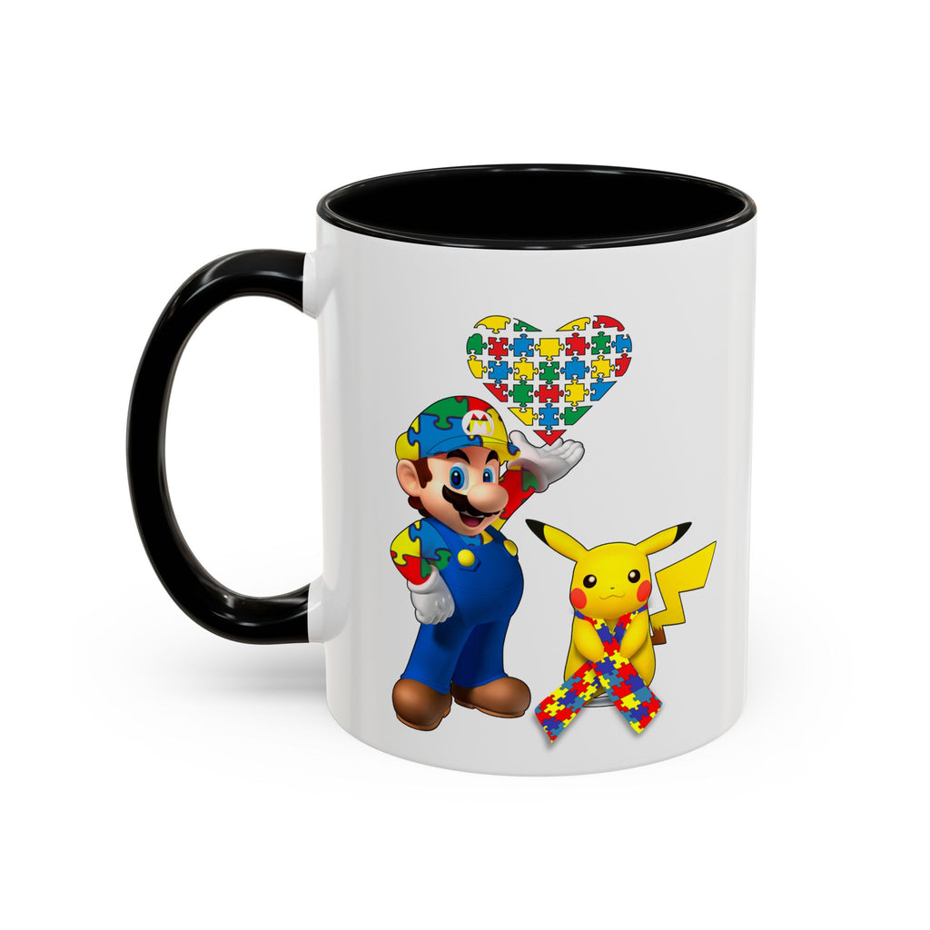 Autism Awareness Coffee Mug — Puzzle Heart Mario & Pokeman Accent Mug (11/15oz)