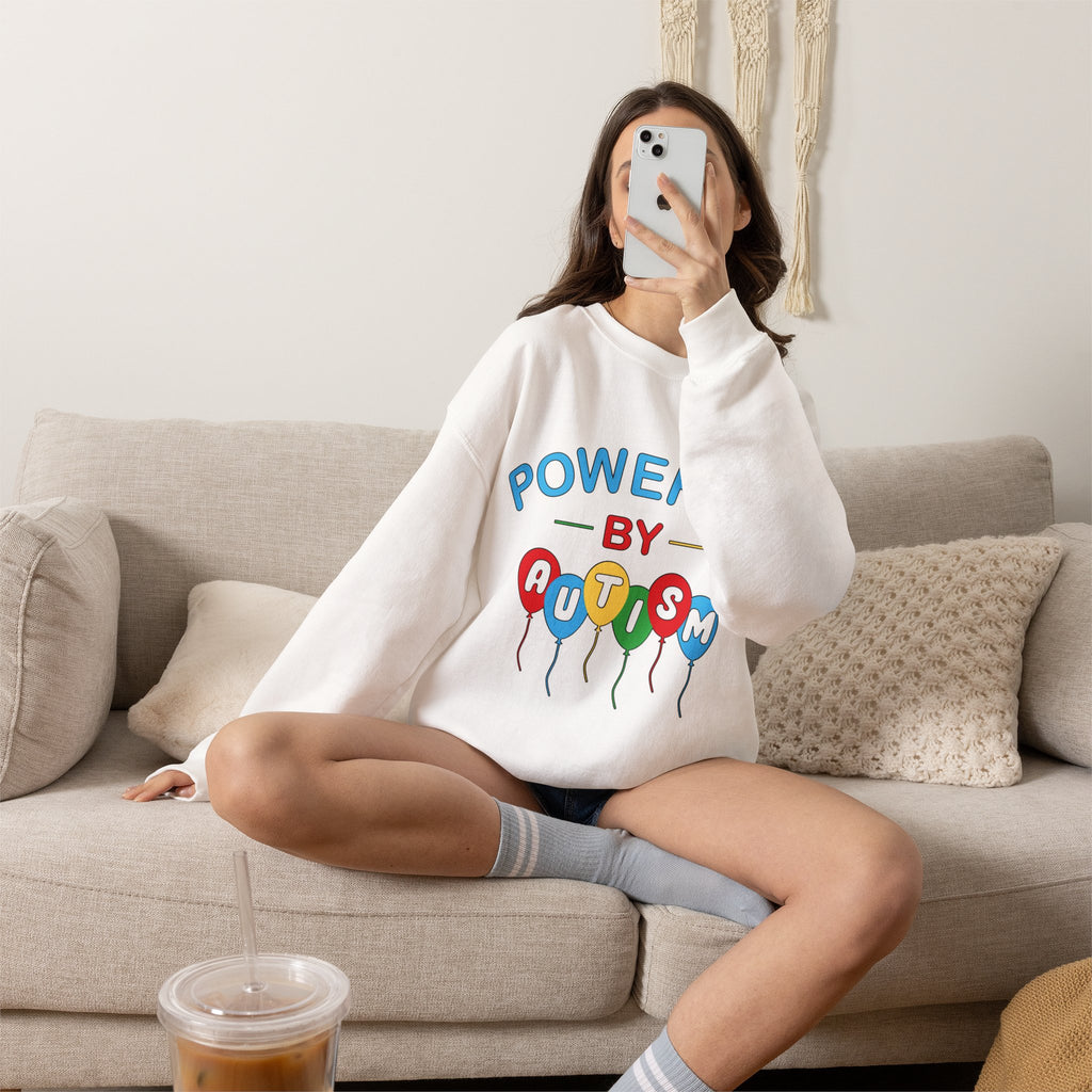 Crewneck Sweatshirt — "Powered by Autism" Colorful Balloon Awareness Top