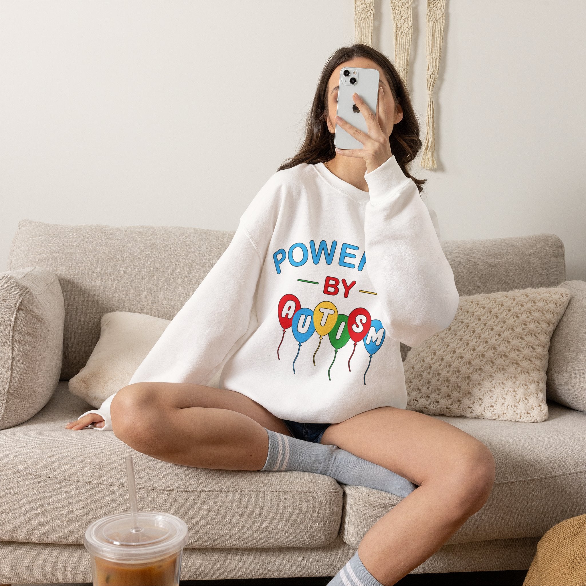 Crewneck Sweatshirt — "Powered by Autism" Colorful Balloon Awareness Top