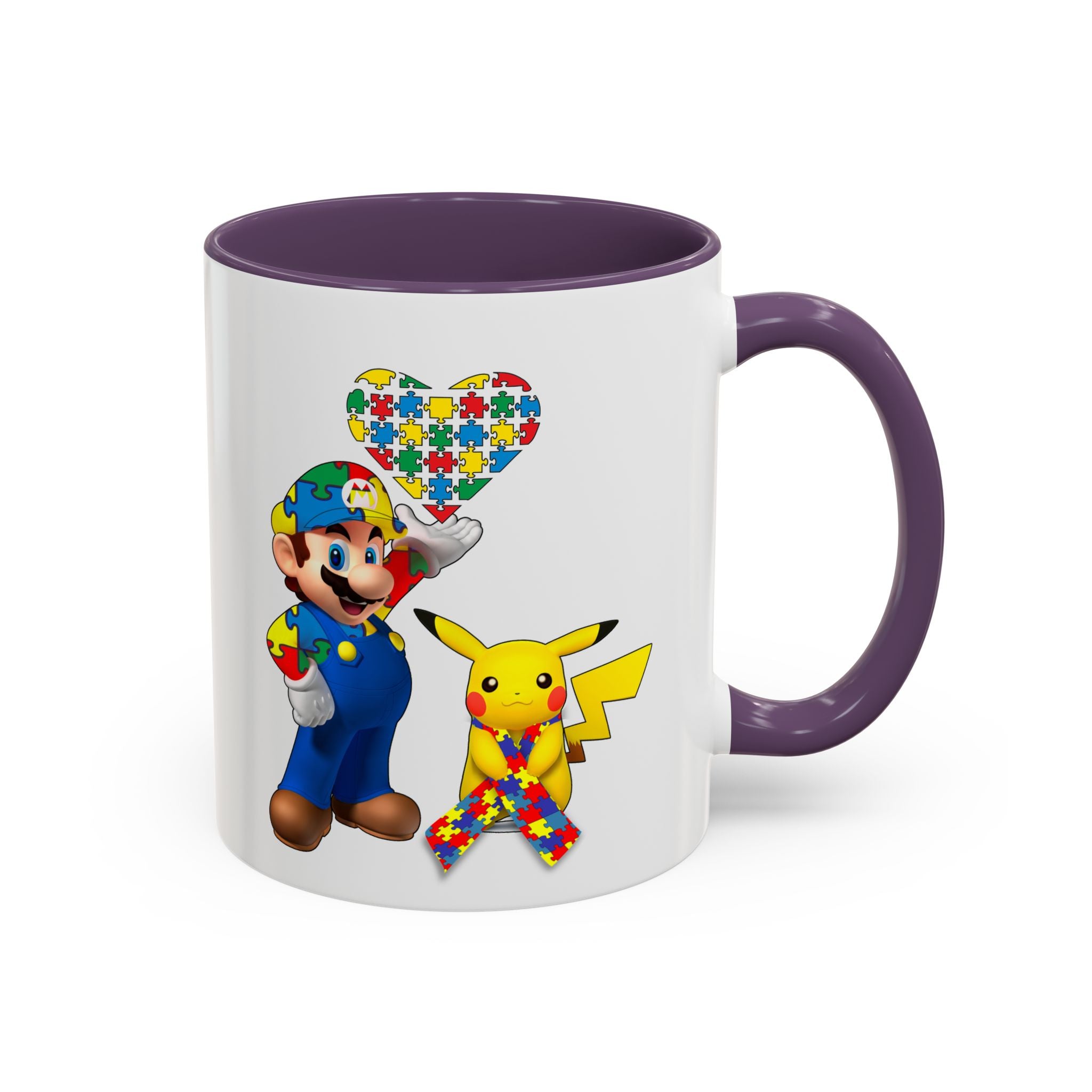 Autism Awareness Coffee Mug — Puzzle Heart Mario & Pokeman Accent Mug (11/15oz)