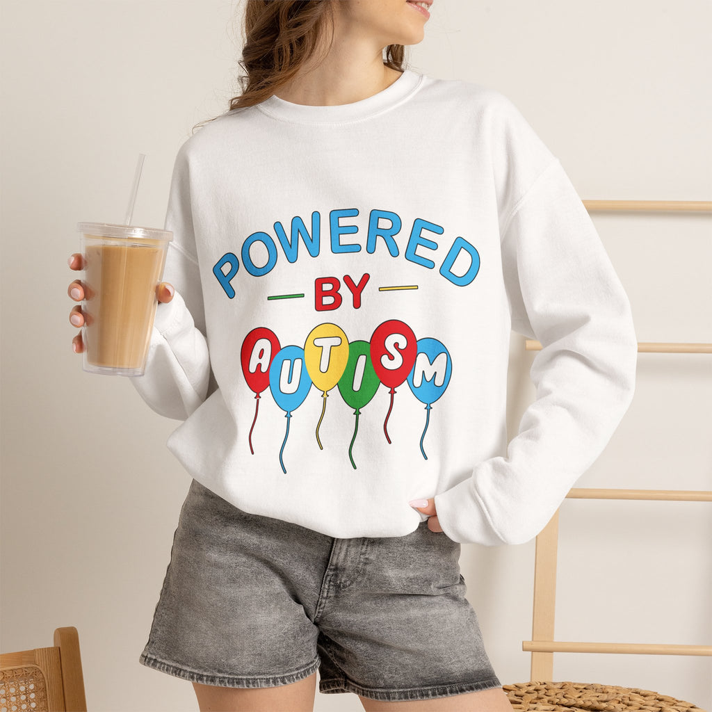 Crewneck Sweatshirt — "Powered by Autism" Colorful Balloon Awareness Top