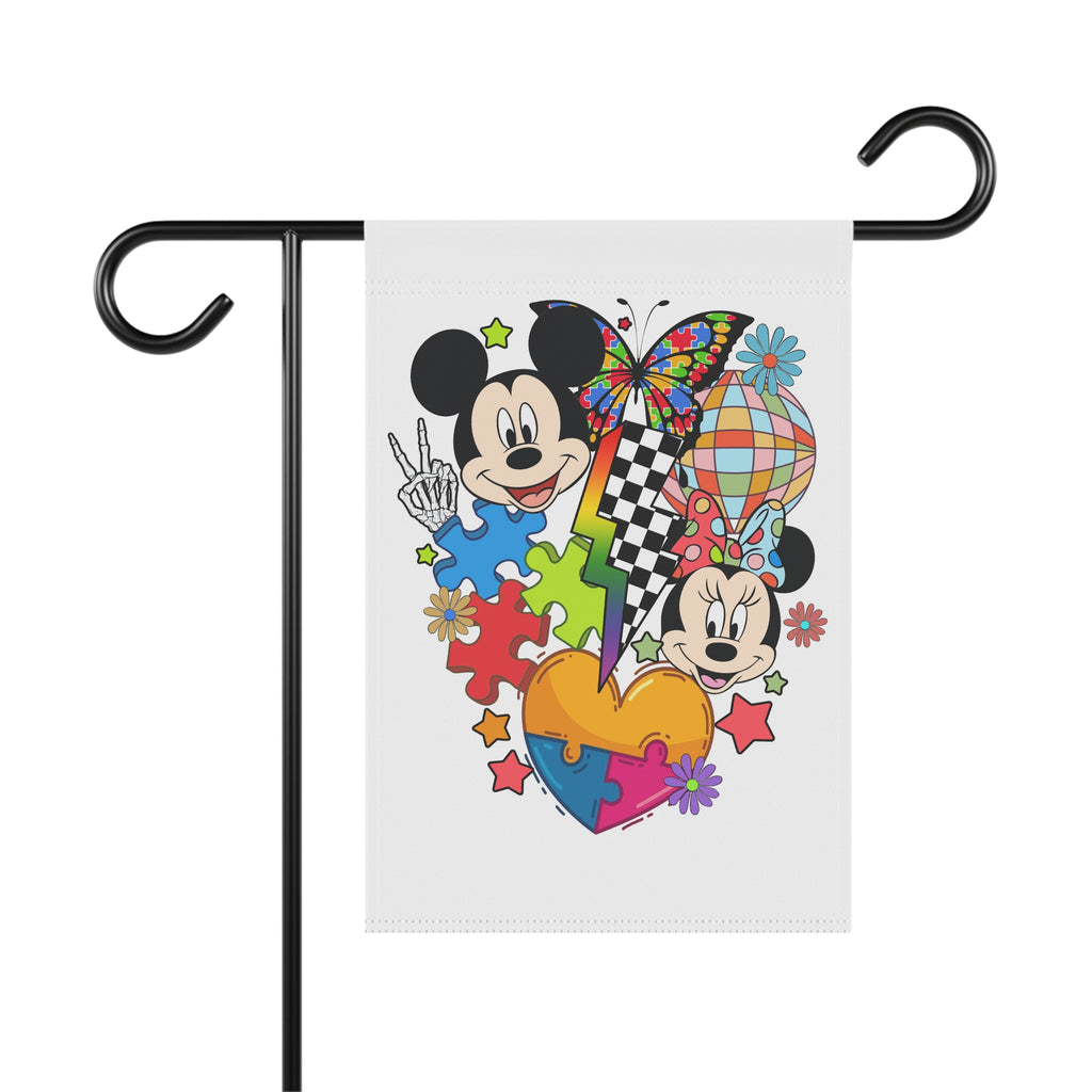Colorful Puzzle Heart Garden Flag — Whimsical Cartoon Mouse Couple Design
