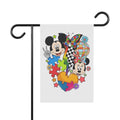 Colorful Puzzle Heart Garden Flag — Whimsical Cartoon Mouse Couple Design