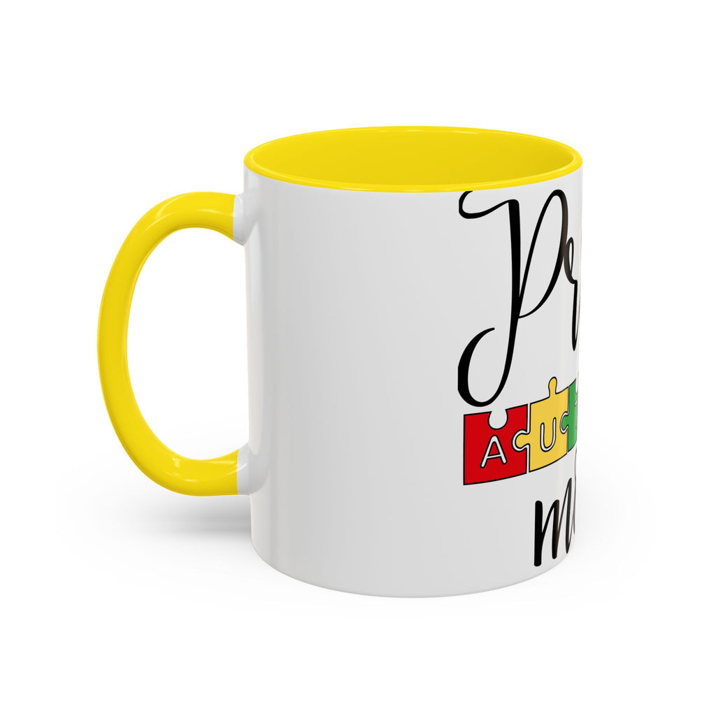 Proud Autism Mom Accent Coffee Mug – 11/15oz Puzzle Ribbon Design