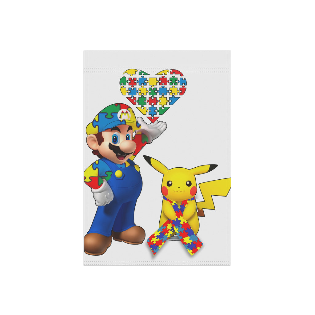 Autism Awareness Garden Flag - Puzzle Heart with Mario-Style Character & Pokeman Ribbon