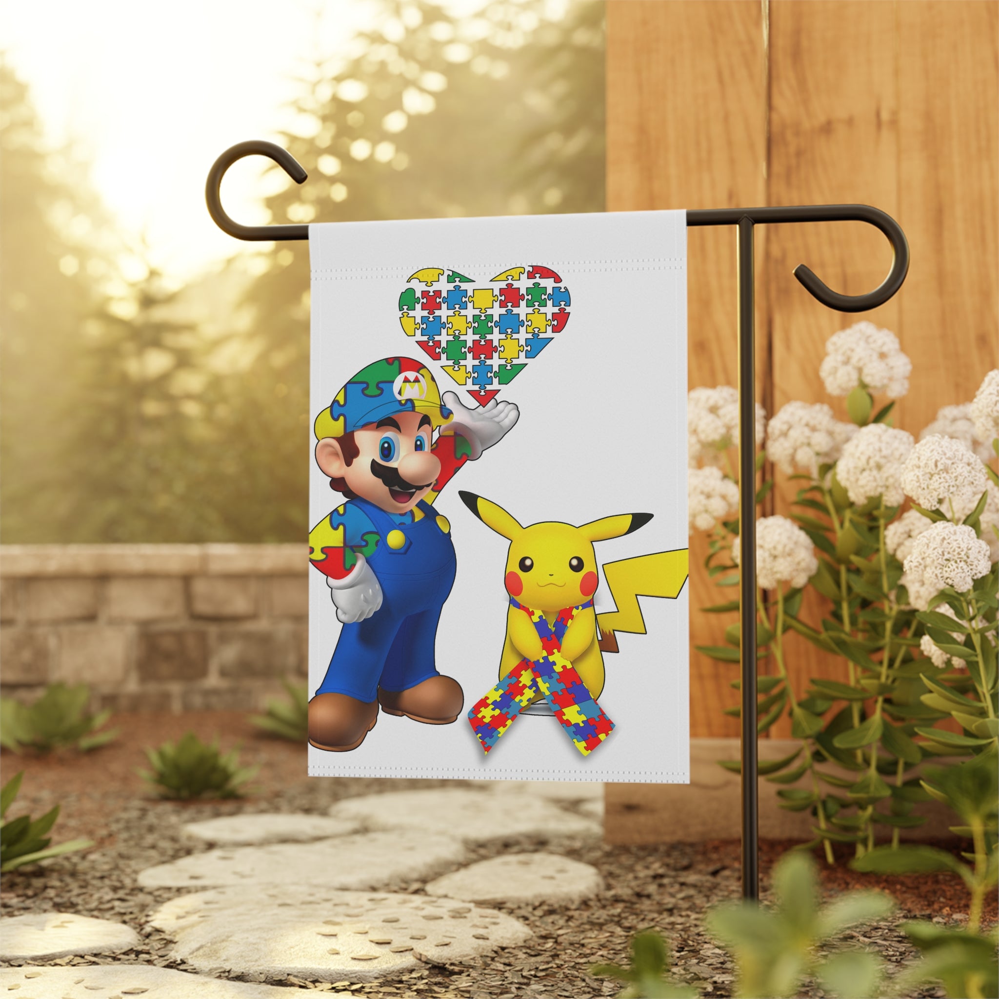 Autism Awareness Garden Flag - Puzzle Heart with Mario-Style Character & Pokeman Ribbon