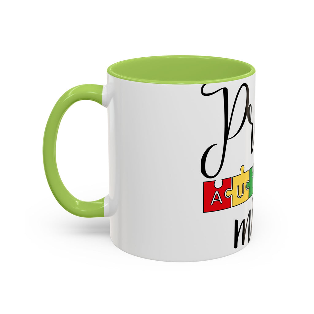 Proud Autism Mom Accent Coffee Mug – 11/15oz Puzzle Ribbon Design