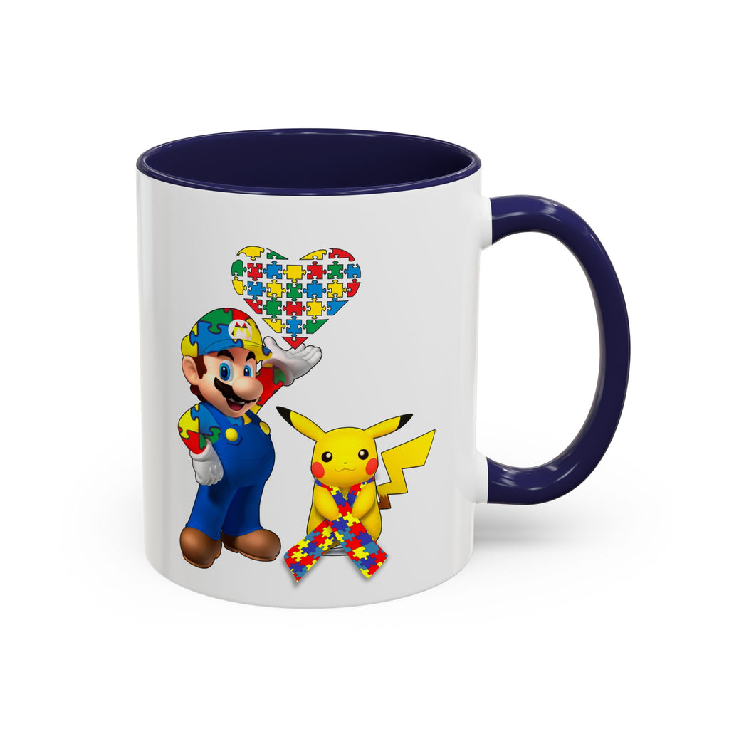 Autism Awareness Coffee Mug — Puzzle Heart Mario & Pokeman Accent Mug (11/15oz)