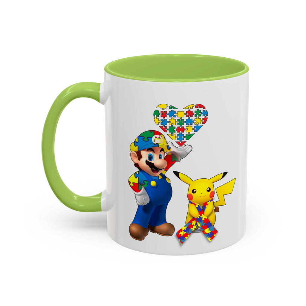 Autism Awareness Coffee Mug — Puzzle Heart Mario & Pokeman Accent Mug (11/15oz)