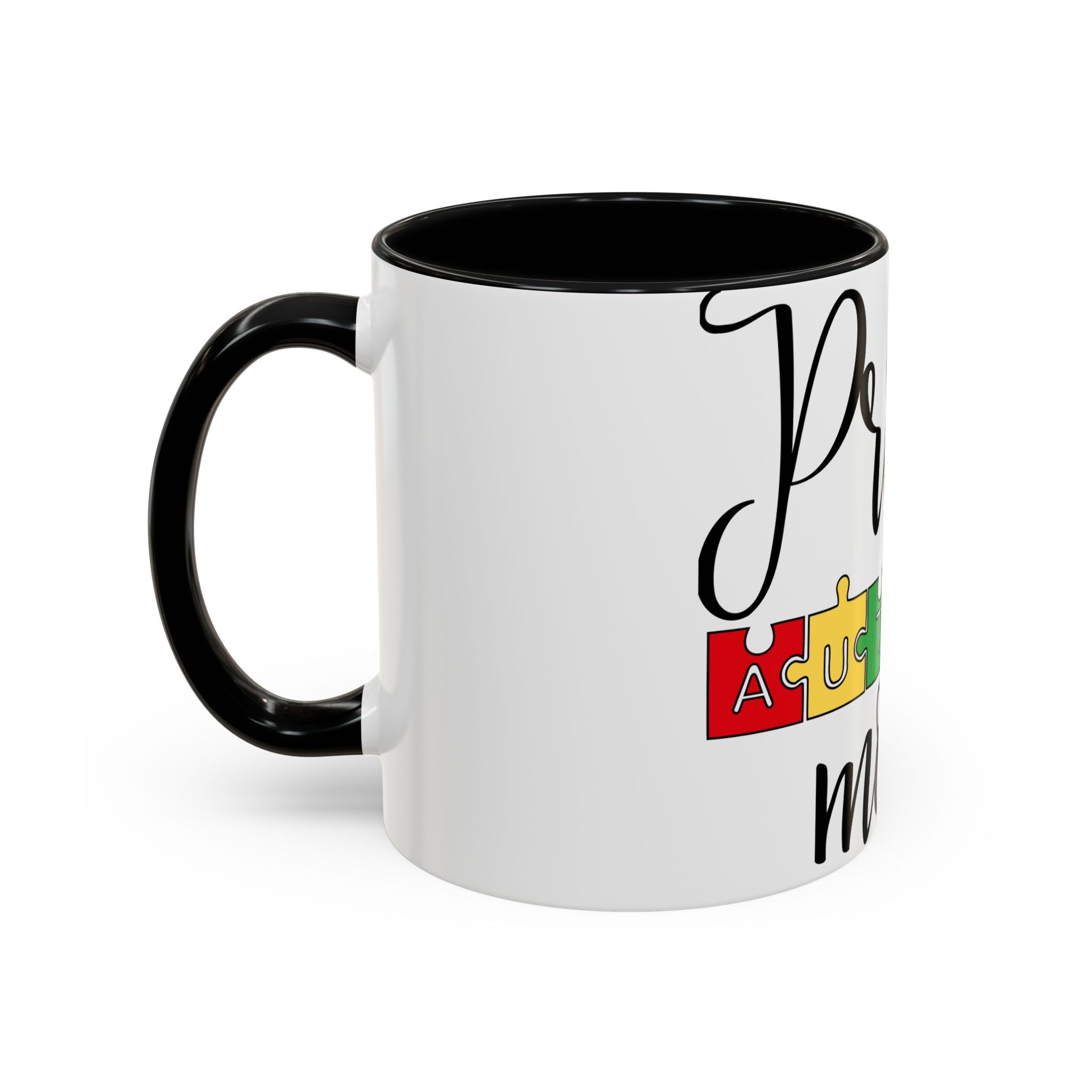 Proud Autism Mom Accent Coffee Mug – 11/15oz Puzzle Ribbon Design