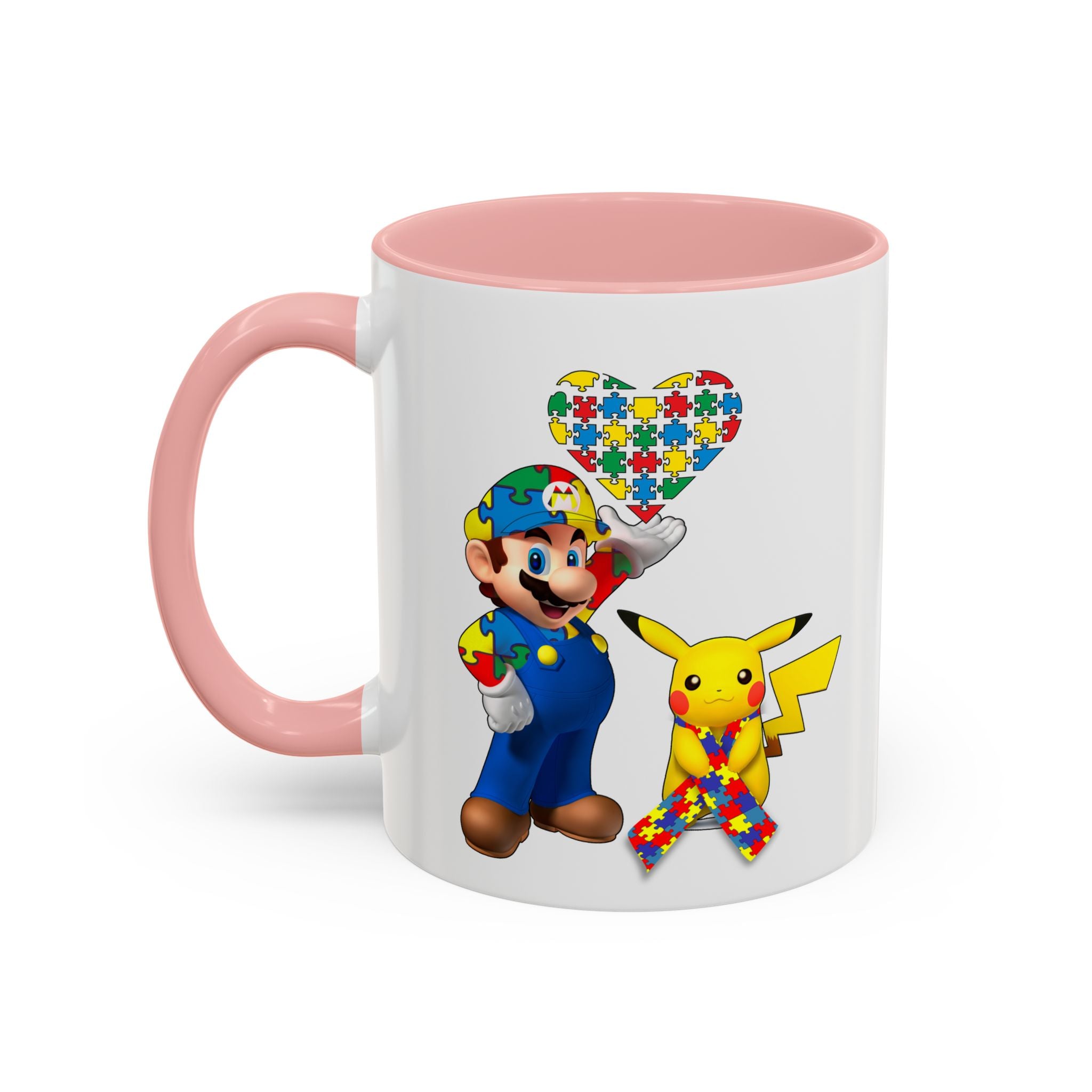 Autism Awareness Coffee Mug — Puzzle Heart Mario & Pokeman Accent Mug (11/15oz)