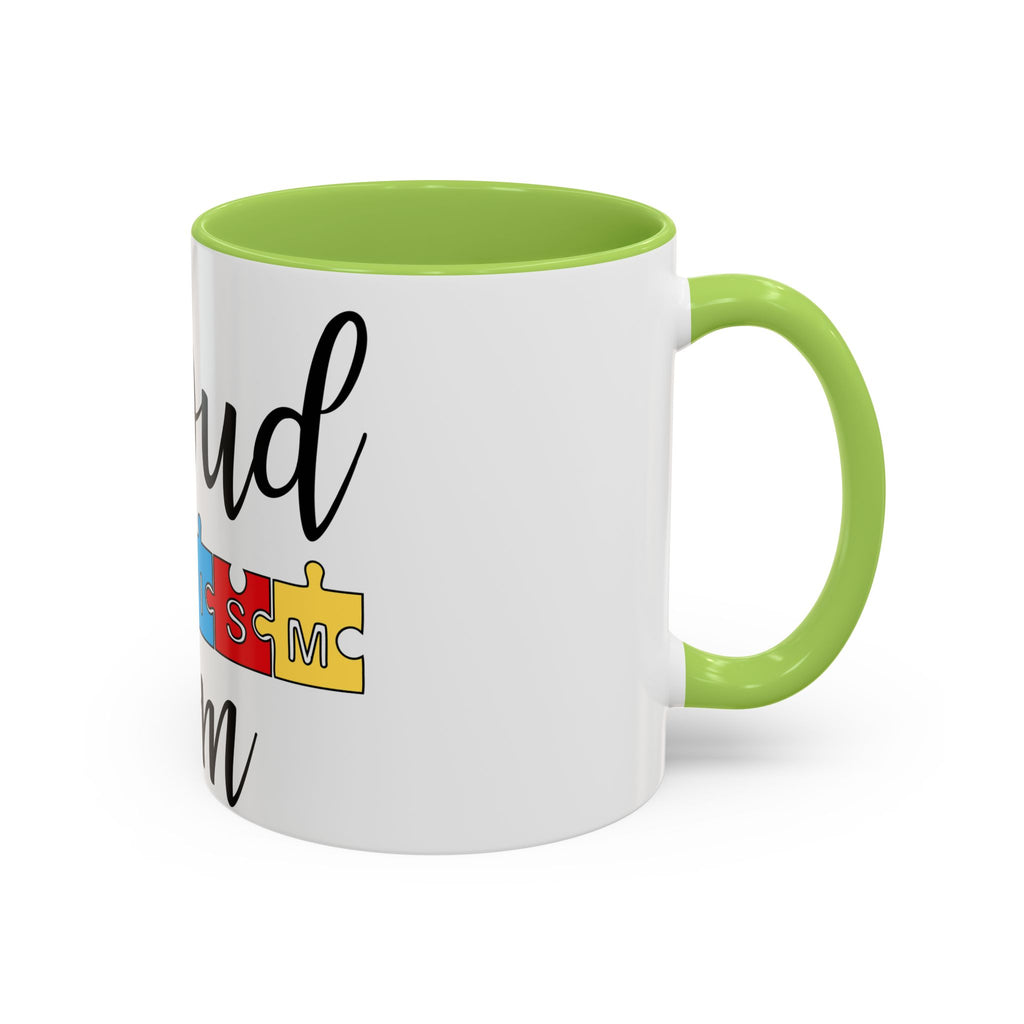 Proud Autism Mom Accent Coffee Mug – 11/15oz Puzzle Ribbon Design