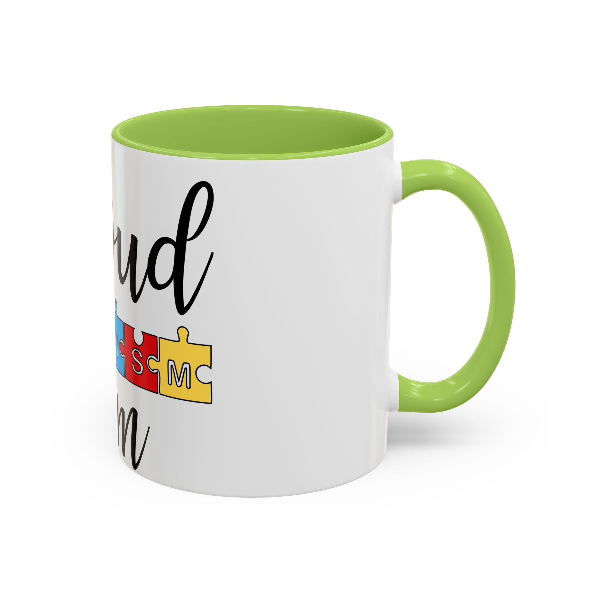 Proud Autism Mom Accent Coffee Mug – 11/15oz Puzzle Ribbon Design