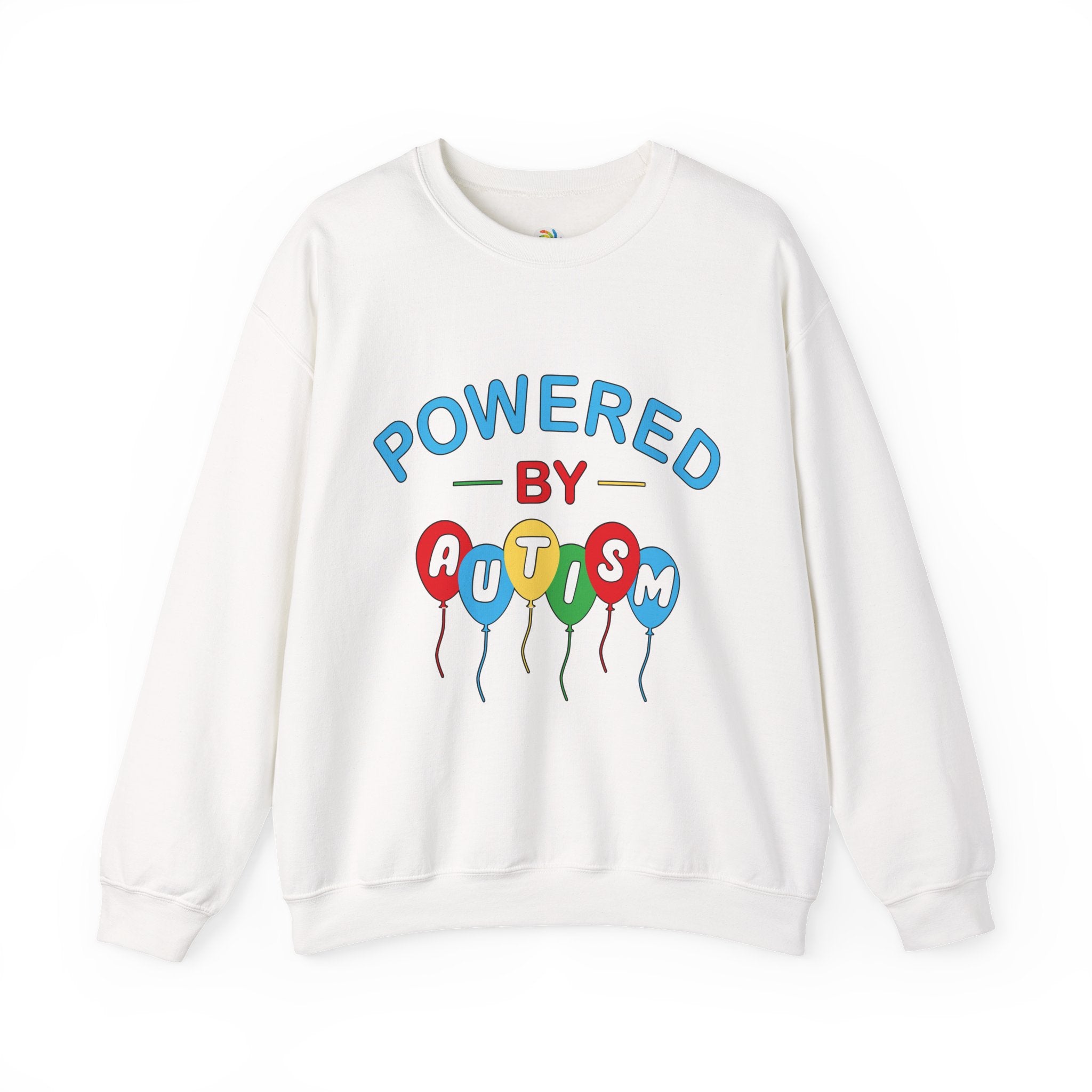 Crewneck Sweatshirt — "Powered by Autism" Colorful Balloon Awareness Top