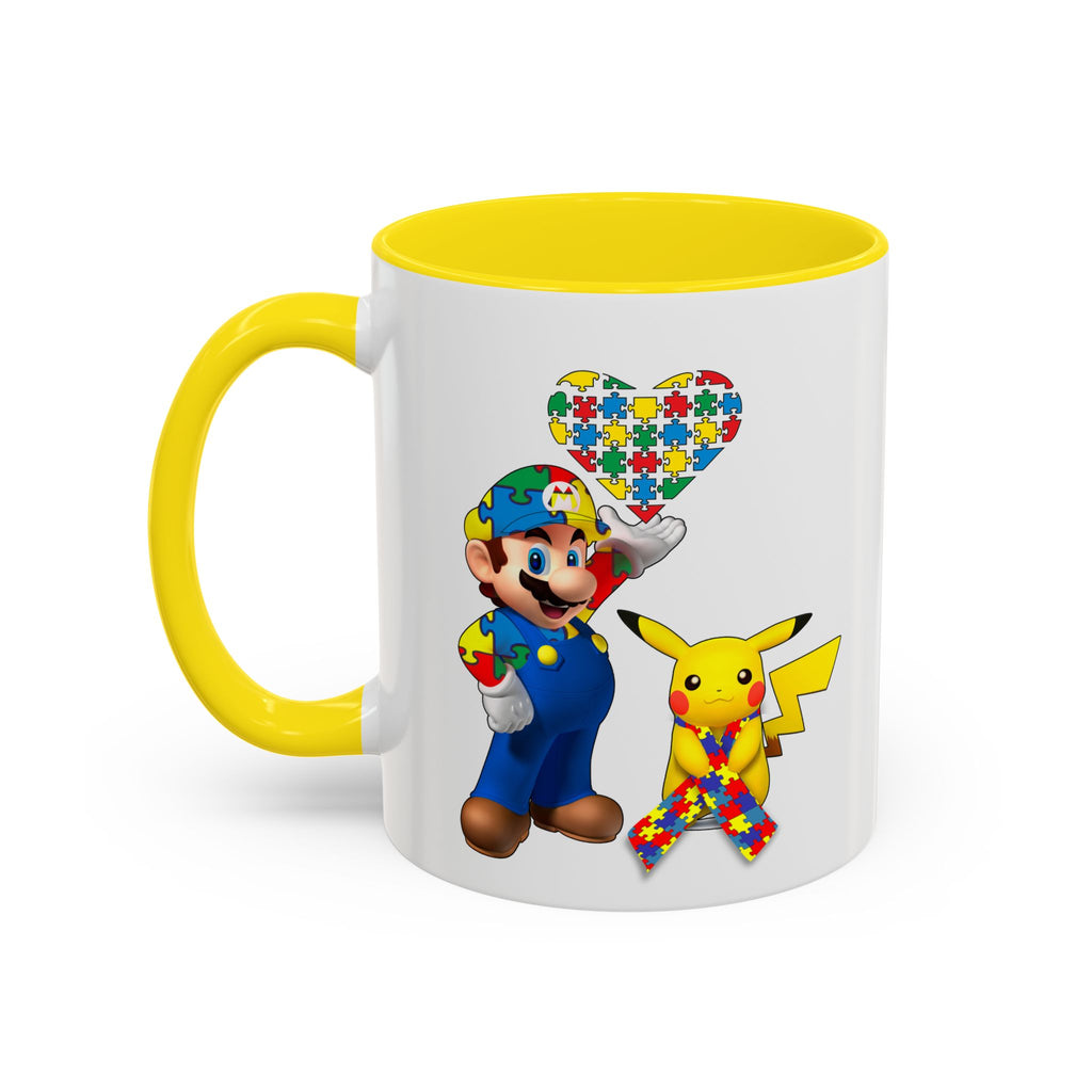 Autism Awareness Coffee Mug — Puzzle Heart Mario & Pokeman Accent Mug (11/15oz)