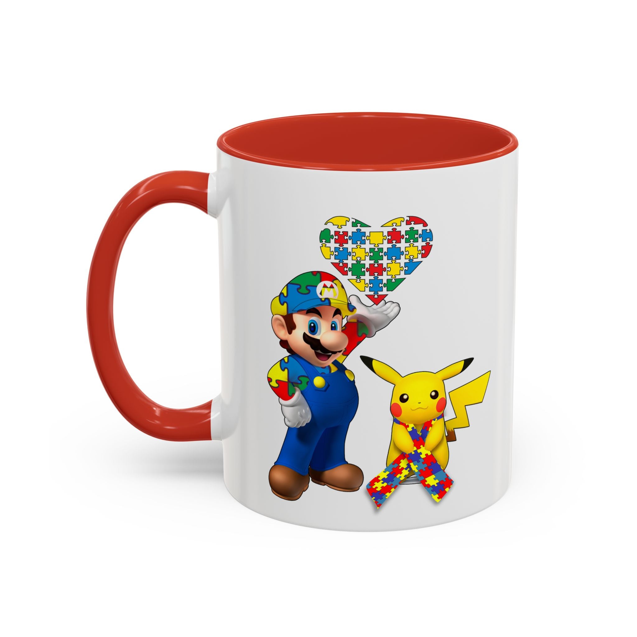 Autism Awareness Coffee Mug — Puzzle Heart Mario & Pokeman Accent Mug (11/15oz)