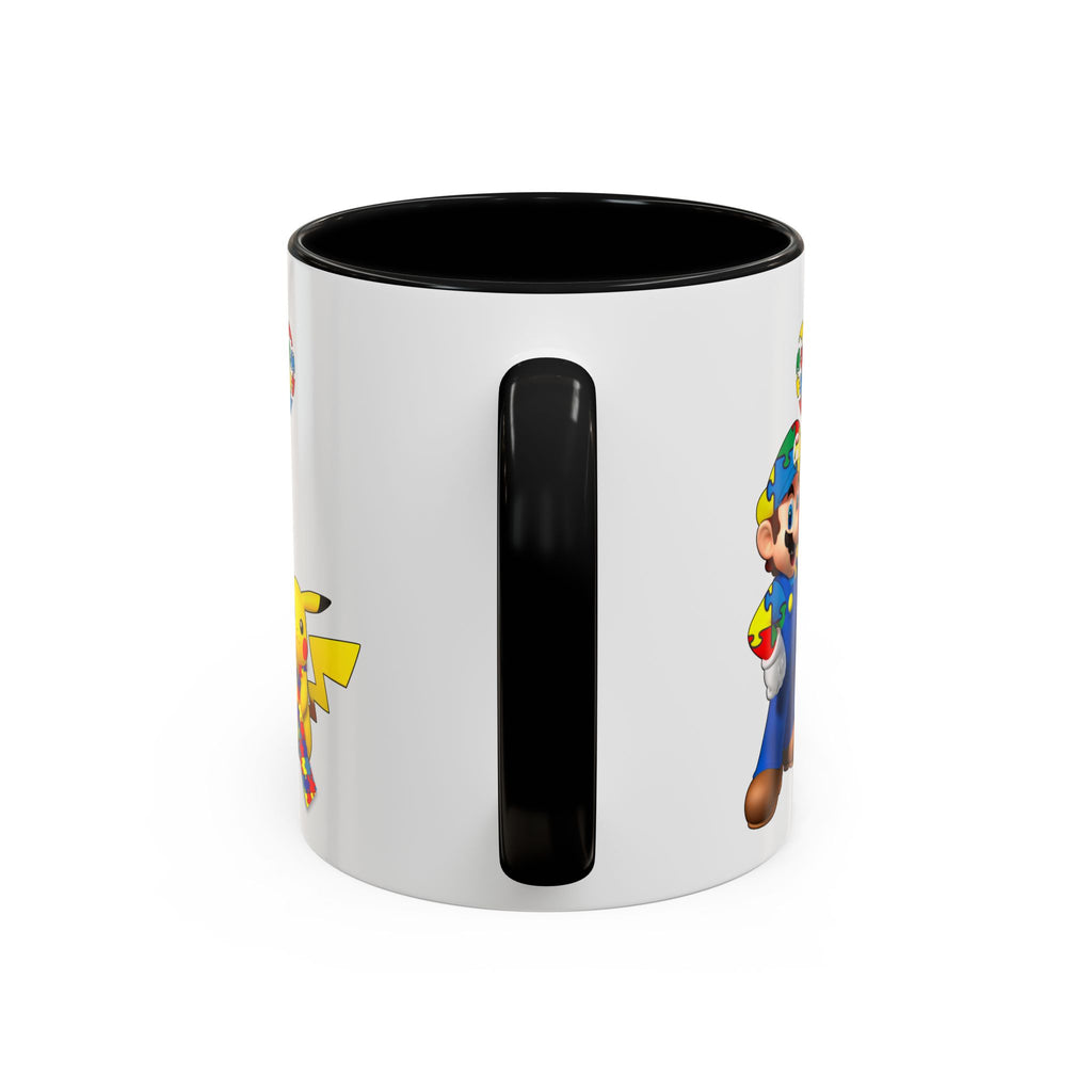 Autism Awareness Coffee Mug — Puzzle Heart Mario & Pokeman Accent Mug (11/15oz)