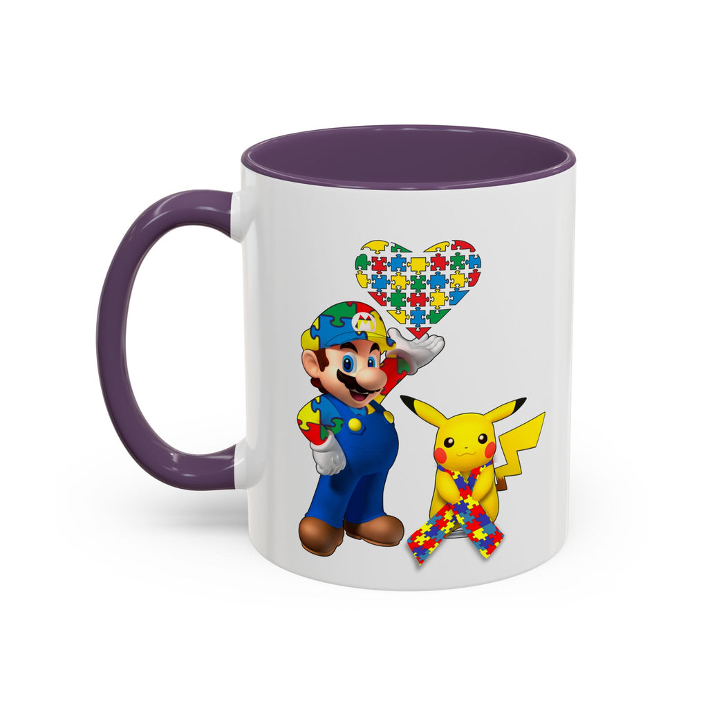 Autism Awareness Coffee Mug — Puzzle Heart Mario & Pokeman Accent Mug (11/15oz)