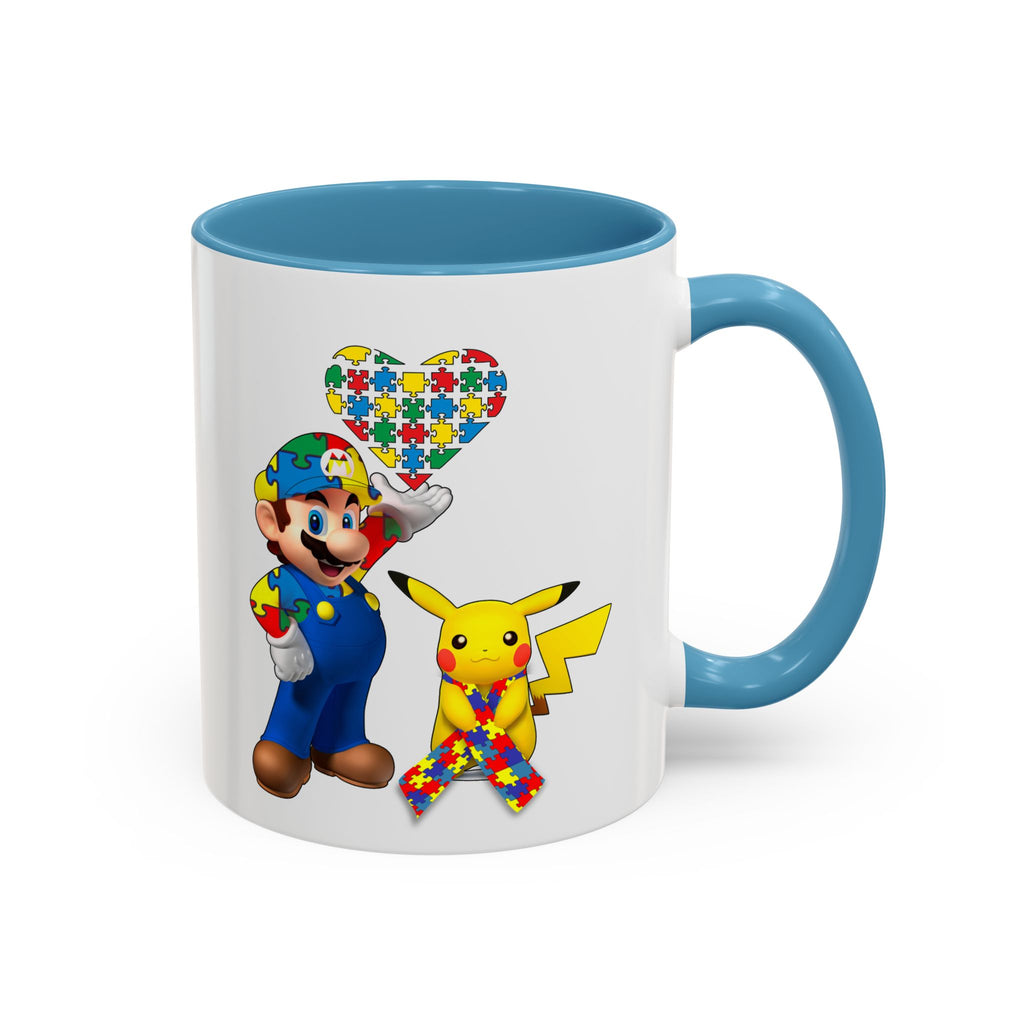 Autism Awareness Coffee Mug — Puzzle Heart Mario & Pokeman Accent Mug (11/15oz)