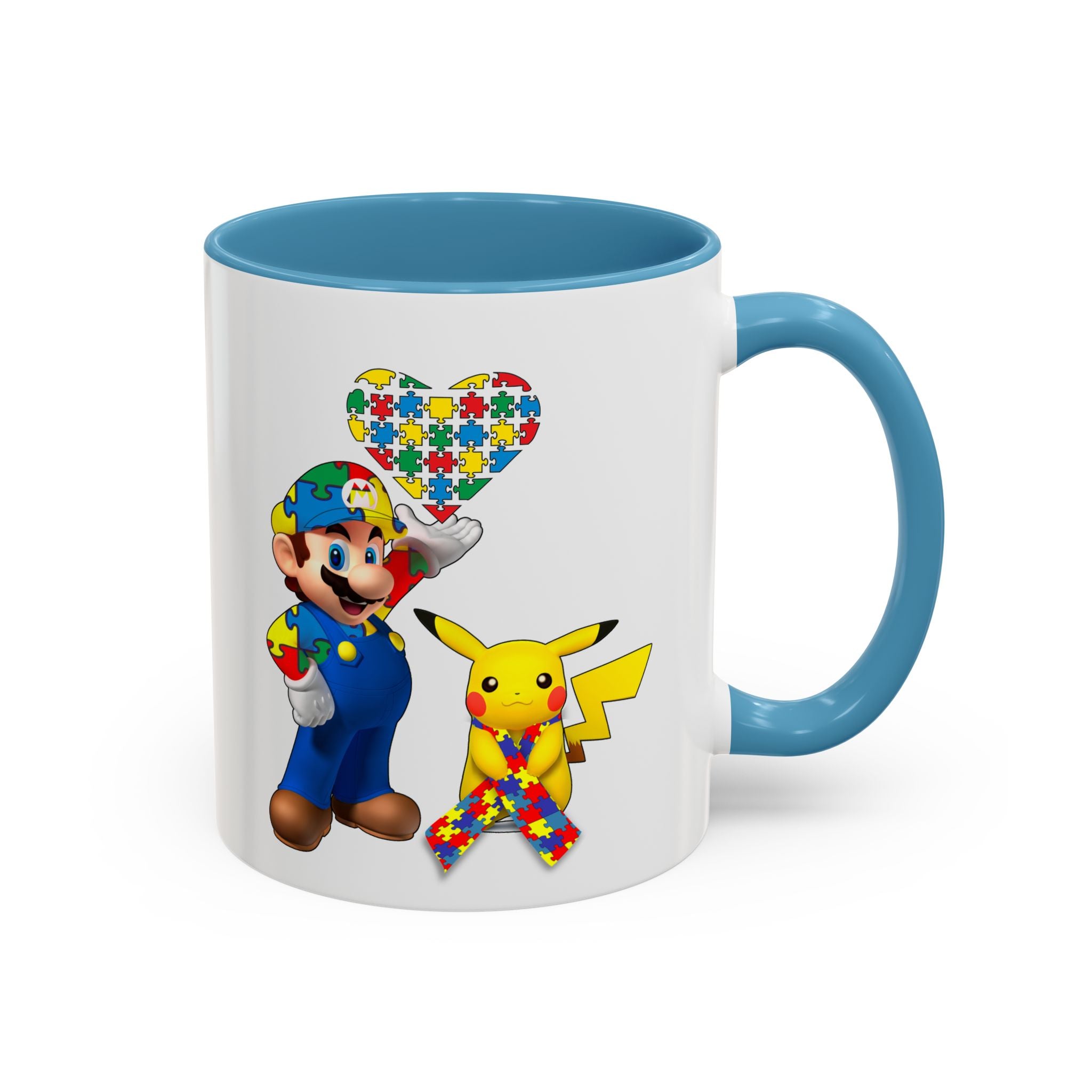 Autism Awareness Coffee Mug — Puzzle Heart Mario & Pokeman Accent Mug (11/15oz)